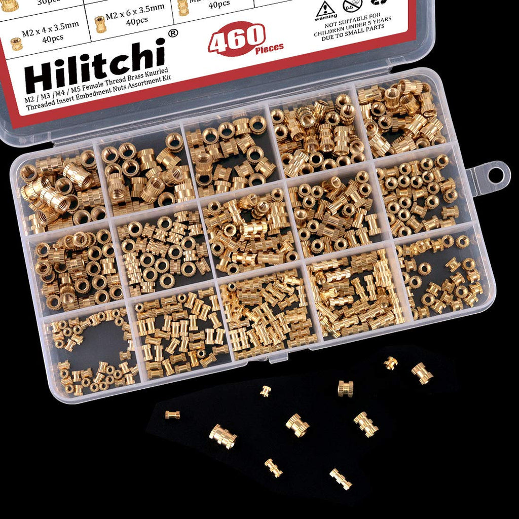 Hilitchi 460 Pcs M2 M3 M4 M5 Female Thread Brass Knurled Threaded Insert Embedment Nuts Assortment Kit, Embed Parts, Pressed Fit into Holes for 3D Prints and More Projects