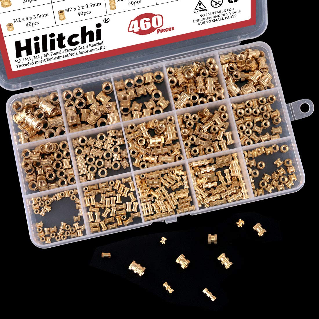 Hilitchi 460 Pcs M2 M3 M4 M5 Female Thread Brass Knurled Threaded Insert Embedment Nuts Assortment Kit, Embed Parts, Pressed Fit into Holes for 3D Prints and More Projects