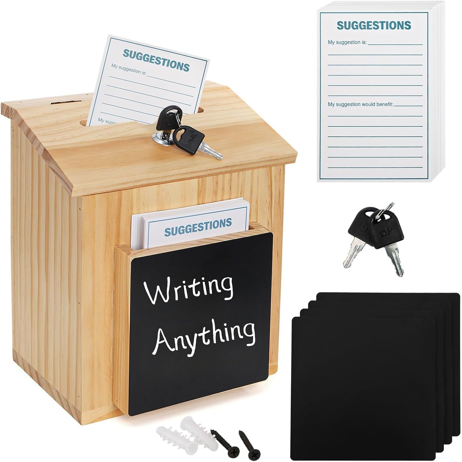 ZENFUN Wooden Suggestion Box with 50 Free Suggestion Cards, Natural Pinewood Ballot Comment Container Donation Box with Locking Hinged Lid for Countertop or Wall Mounted, 8.6" x 6.8" x 10"