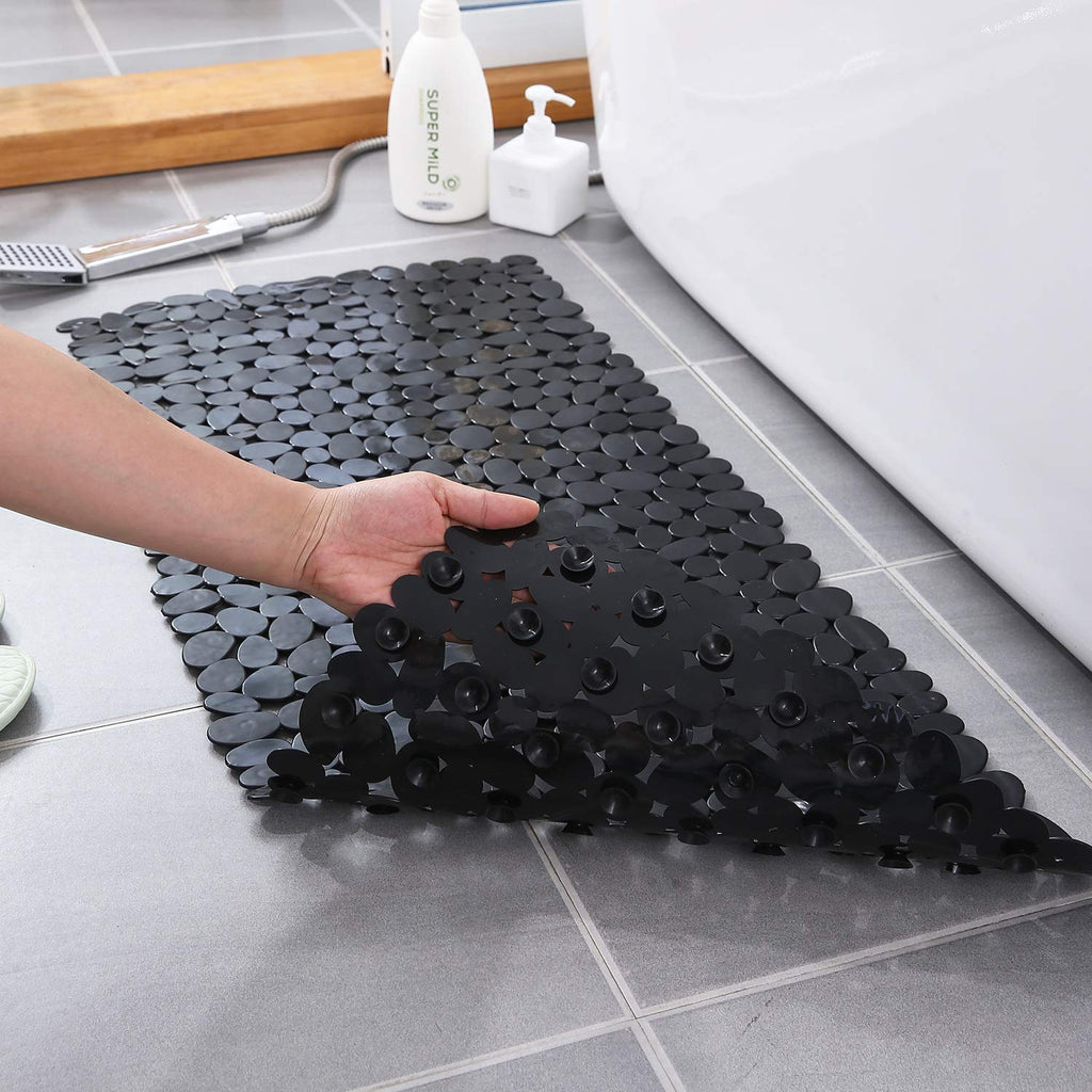 WELTRXE Non Slip Bath Mat Pebbles Bathtub Mat with Suction Cups, Drain Holes for Bathroom Showers, Tub, 35" x 16" Machine Washable Rectangle Bathroom Mats BPA, Latex Free Safe Shower Mats,Opaque Black