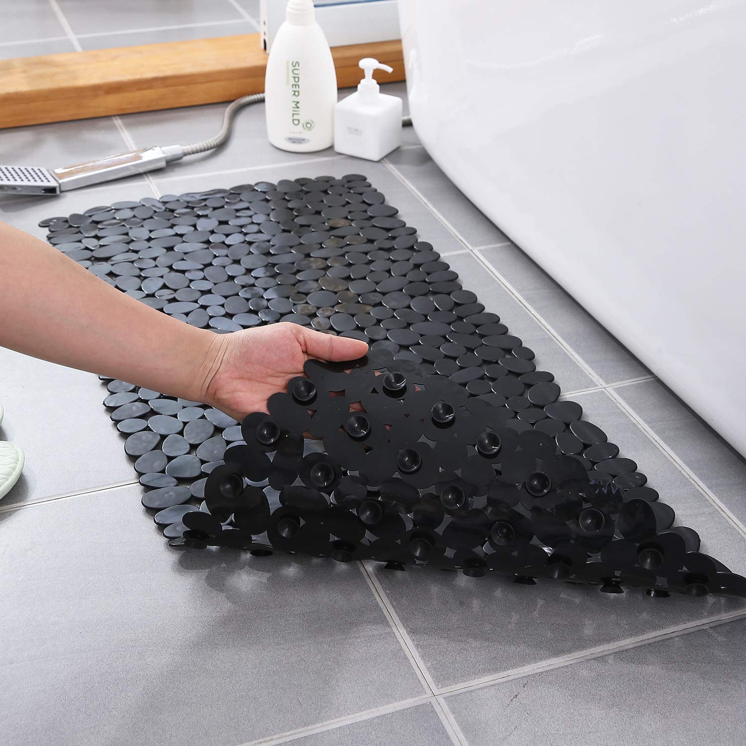 WELTRXE Non Slip Bath Mat Pebbles Bathtub Mat with Suction Cups, Drain Holes for Bathroom Showers, Tub, 35" x 16" Machine Washable Rectangle Bathroom Mats BPA, Latex Free Safe Shower Mats,Opaque Black