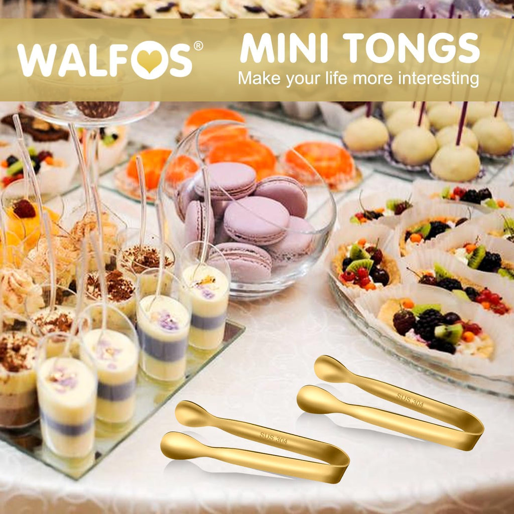 Walfos 12 Pcs Mini Gold Tongs, 4.25" Small Serving Tongs, Stainless Steel Kitchen Tongs for Appetizers, Parties Catering, Sugar, Desserts, Tea Party, Coffee Bar