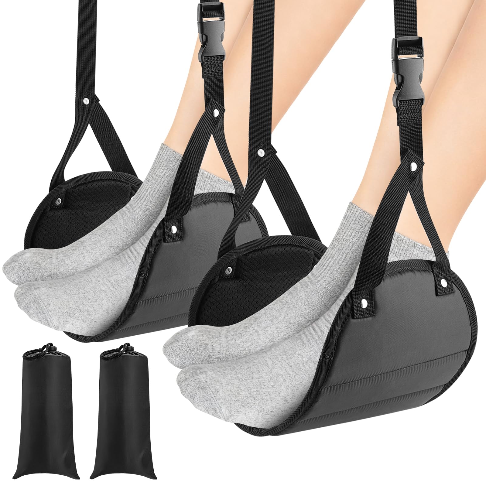 2-Pack Airplane Foot Hammock for Plane Travel – Adjustable Leg Rest Foot Hammock with Metal Buckles – Lightweight Travel Foot Rest for Airplane, Train, Bus and Car