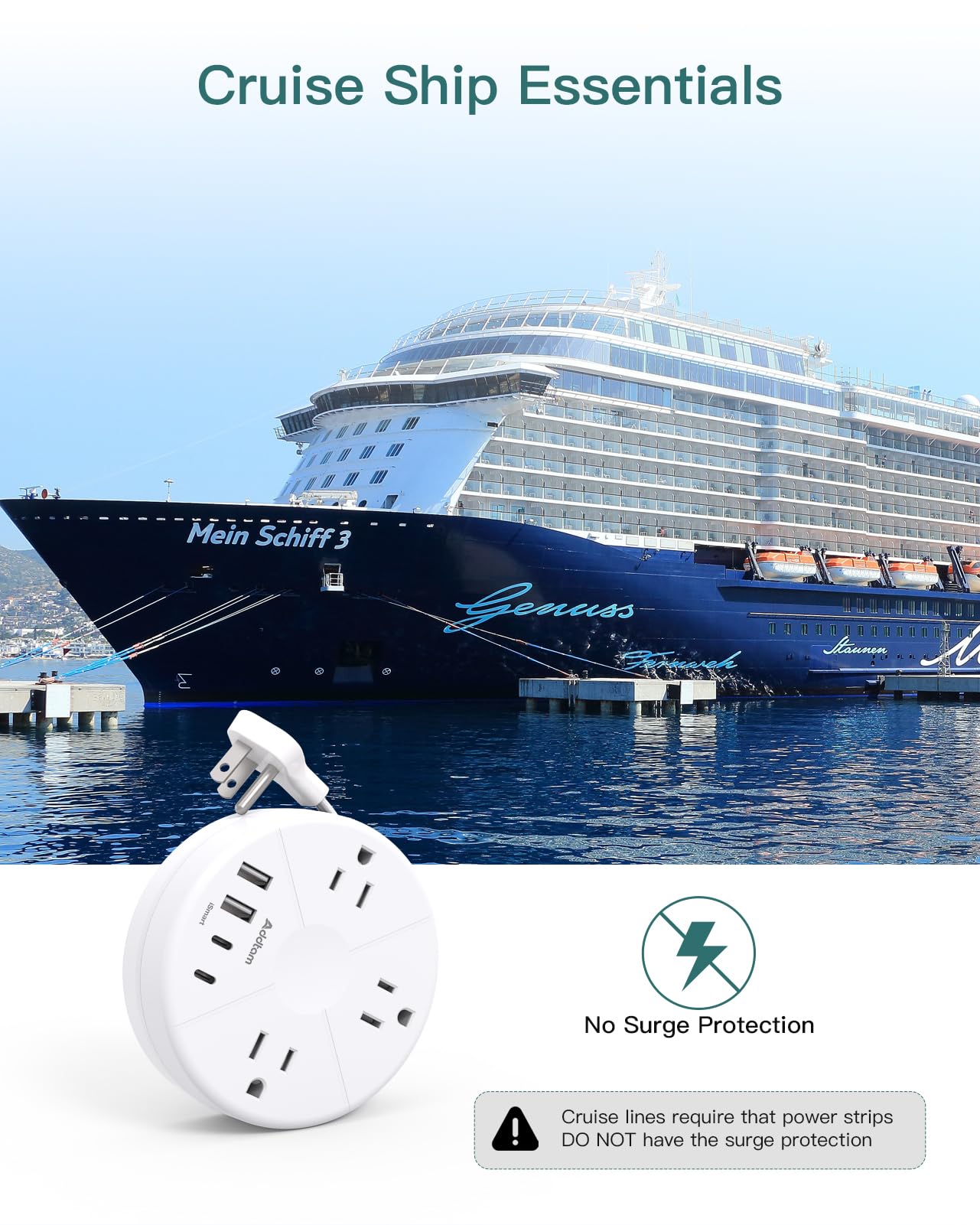 Addtam Travel Power Bar with 4 USB Ports(2 USB C), Retractable Flat Plug Extension Cord 5FT, Cruise Ship Essentials