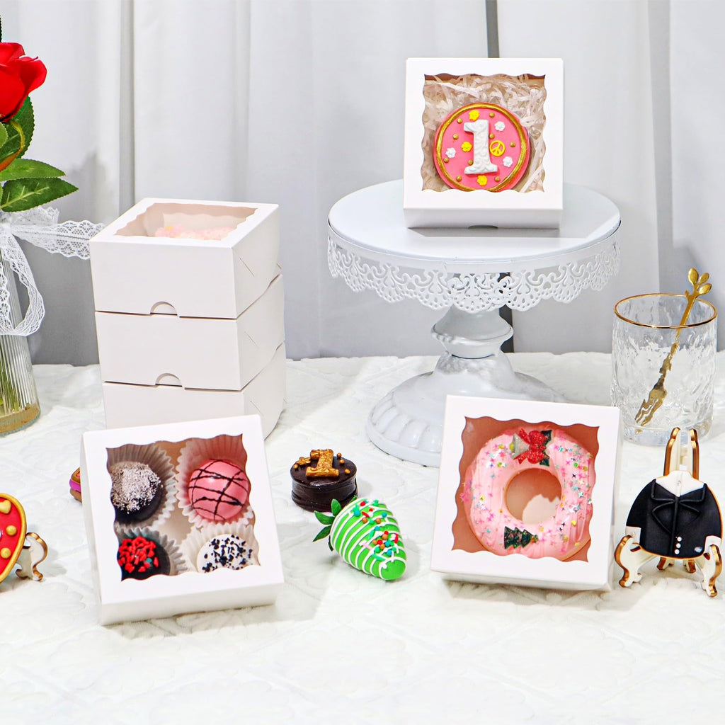 JCXGRVC 100Pack 4x4x2 Inch Cookies Boxes with Window Bakery Boxes for Chocolates, Strawberries, Cupcakes & Mini Cakes - Kraft Paper