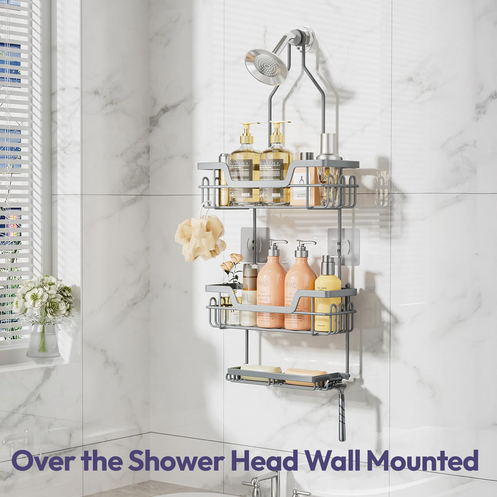 SWTYMIKI Shower Caddy Hanging, Shower Caddy Over Shower Head with 2 Soap Holders & hooks, 3 Tier Antirust & Anti-Swing Bathroom Shelves Organizer No Drilling, Silver