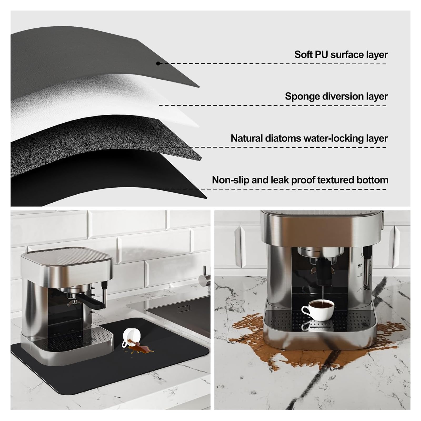 Coffee Mat-Coffee Bar Mat for Countertops, Hide Stain Absorbent Rubber Backed Quick Drying Mat Fit Under Coffee Maker Espresso Machine (Black, 16"x24")