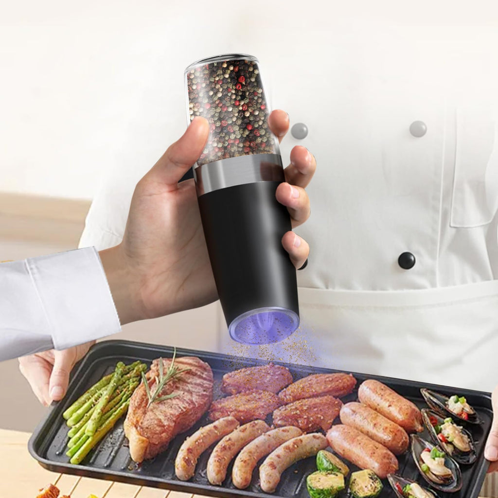 PEIPU Electric Pepper and Salt Grinder, Seasoning Mill，Adjustable Coarseness,with LED Light,One Hand Automatic Operation, Stainless Steel