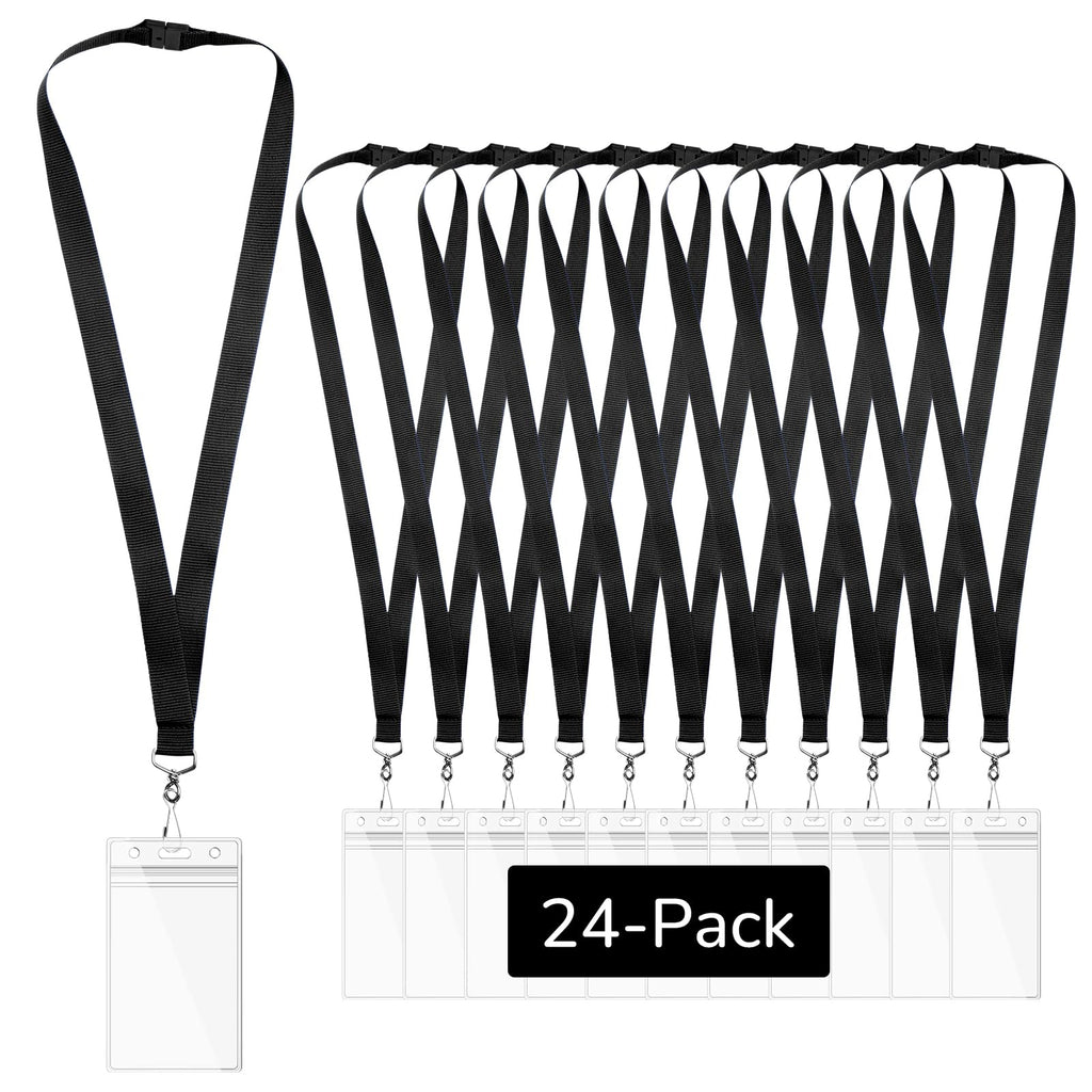 24-Pack Black Breakaway Lanyards with Waterproof Badge Holders, Polyester Neck Straps for ID Cards, Events, Office, and Schools