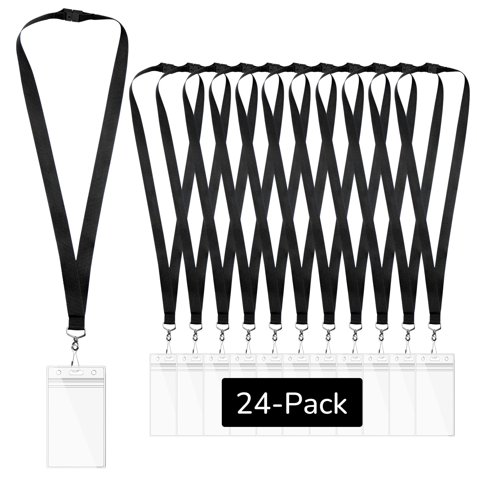 24-Pack Black Breakaway Lanyards with Waterproof Badge Holders, Polyester Neck Straps for ID Cards, Events, Office, and Schools