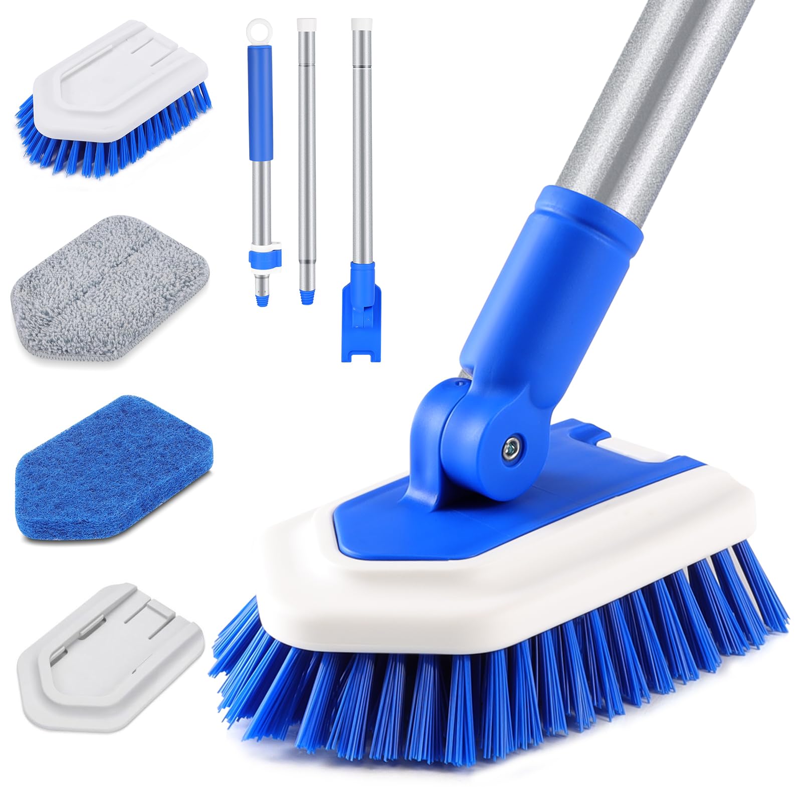 Lalafancy Shower Cleaning Brush with Locking Head, 3 in 1 Tub Tile Scrubber Brush with 50'' Extendable Long Handle Stiff Bristles Scouring Pads Microfiber for Cleaning Bathtub Shower Wall Bathroom