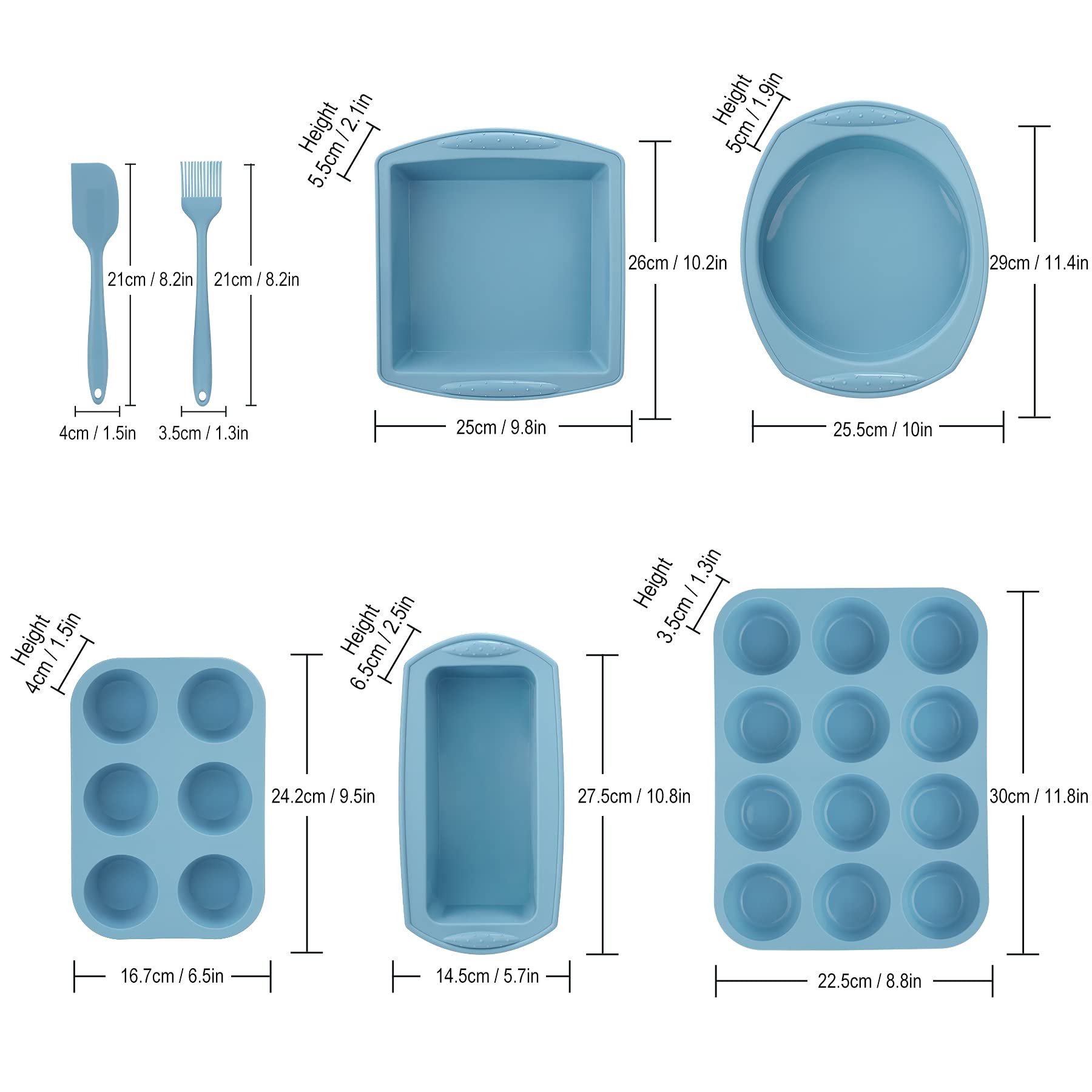 Economical 7in1 Nonstick Silicone Baking Cake Pan Cookie Sheet Molds Tray Set for Oven, Heat Resistant Bakeware Suppliers Tools Kit for Muffin Loaf Bread Pizza Cheesecake Cupcake Pie Utensil