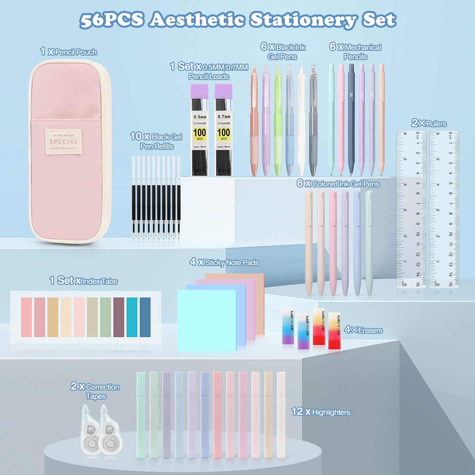 MoKo 56 PCS Aesthetic School Supplies with Pencil Pouch, Cute Stationery Set for Students Office, 12 Gel Pens, 12 Pastel Highlighters, 6 Mechanical Pencils 0.5 & 0.7mm, Sticky Note Index Tab (Pink)