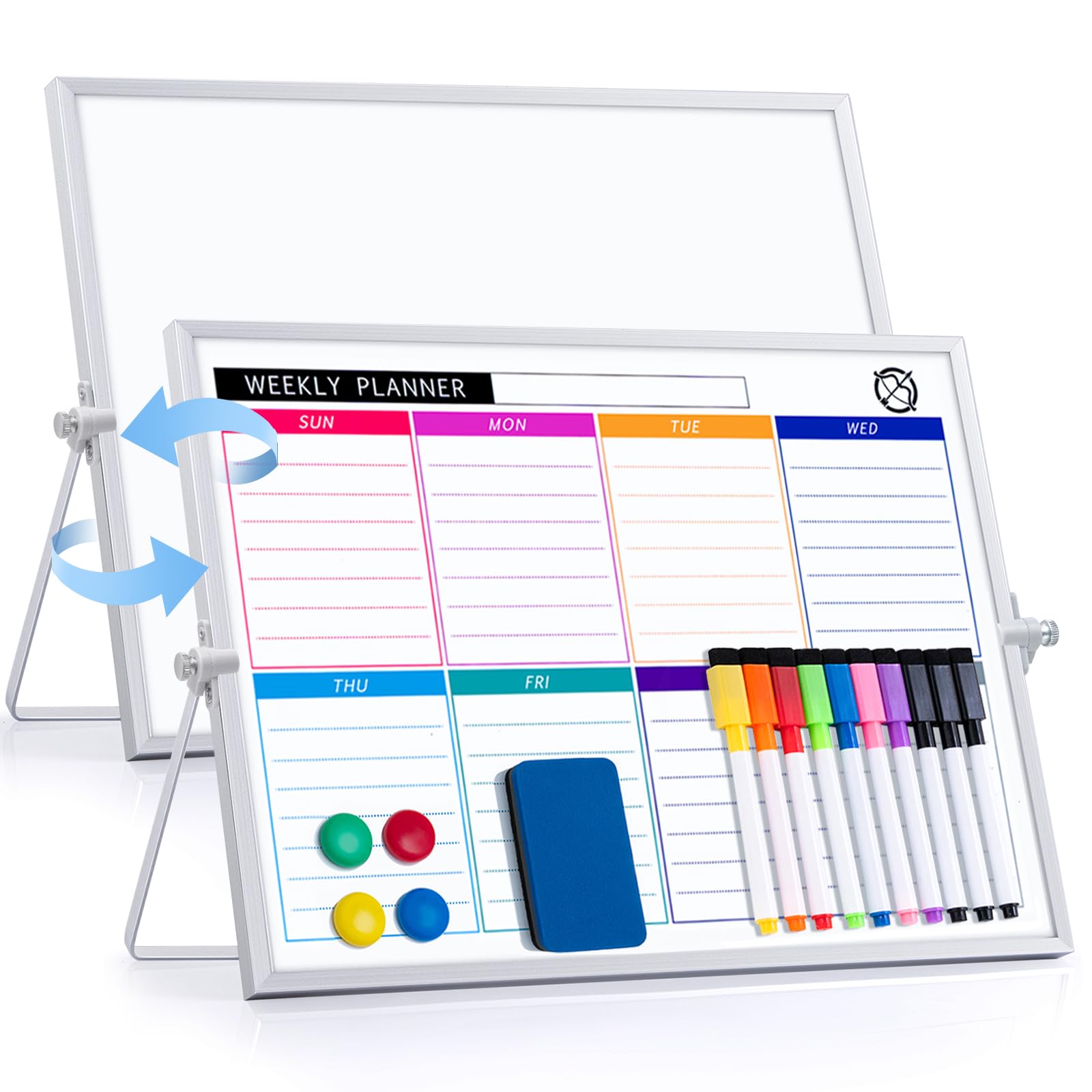 Dry Erase White Board with Stand, ARCOBIS 12" x 16" Weekly Double-Sided Desktop Whiteboard 10 Markers, 4 Magnets, 1 Eraser, Portable Magnetic Dry Erase Calendar for Planning, to Do List, Memo, School