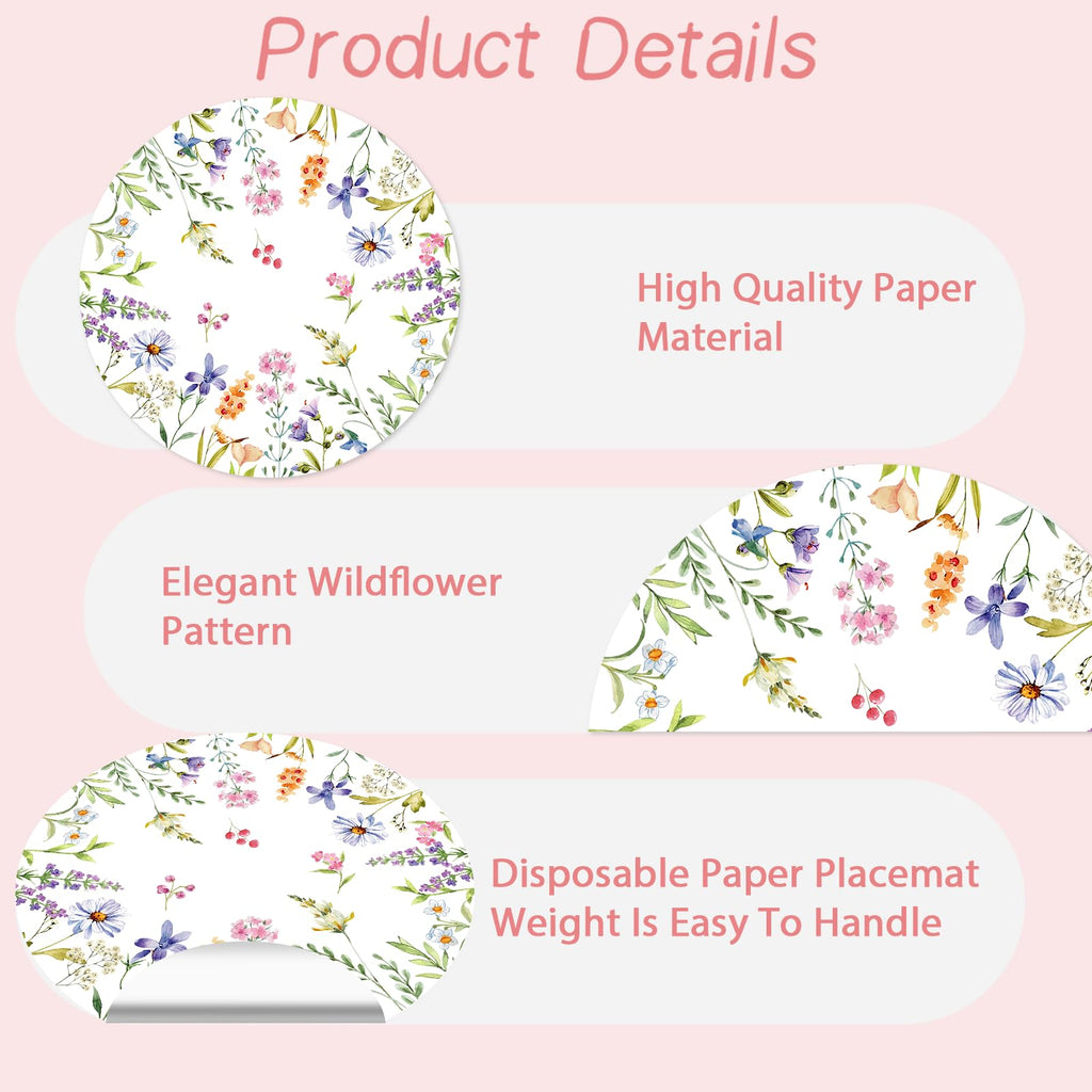Paper Placemats Disposable 50 Pack Spring Flowers Place Mats 13.4 Inch Round Decorative Wildflower Table Mats for Spring Birthday Bridal Wedding Party Supplies