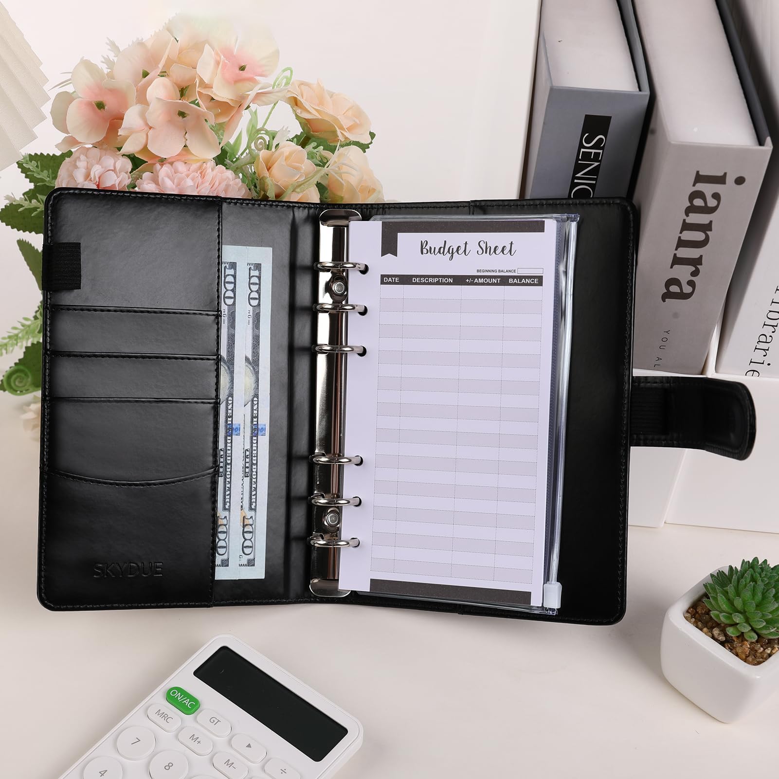 SKYDUE A6 Budget Binder with 8pcs Zipper Envelopes, Money Organizer for Cash with 12pcs Expense Budget Sheets & 24 Blak Sticky Labels, Budget Book with Cash Envelopes (Golden Black)