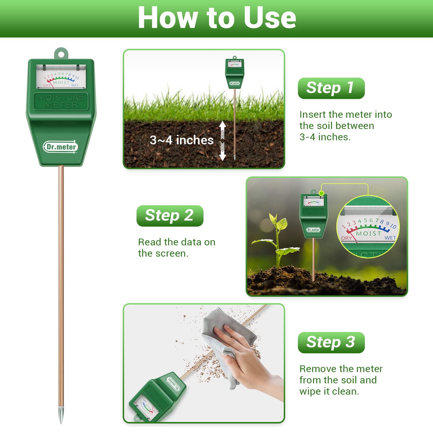 Soil Moisture Meter, Dr.meter 2 Pack Moisture Meter for Plants, Great for Garden Lawn Farm Indoor & Outdoor Use, Soil Tester Hygrometer Sensor for House Plants, Gardening Gifts, No Battery Needed