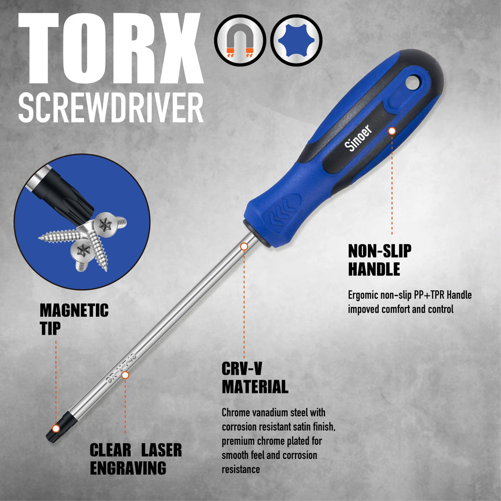 Sinoer 14-Piece Magnetic Torx Screwdrivers Set，Chromium Vanadium Steel，T4 - T40Magnetic Torx Driver Star Screwdrivers Set ，Professional Grade Repair Tools