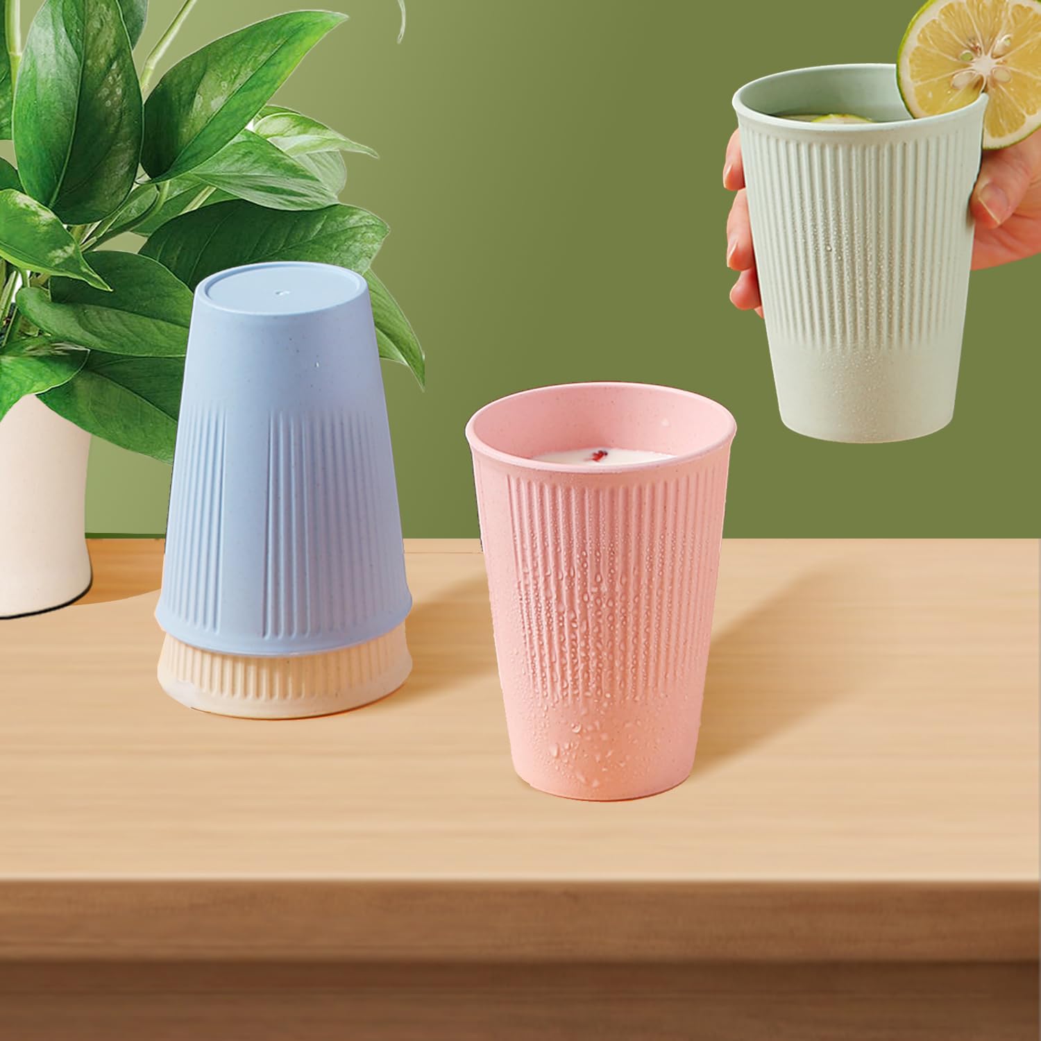 WANBY Wheat Straw Cup Unbreakable and Reusable Drinking Cups Eco-Friendly Healthy Tumbler Set for Milk Juice and Water Dishwasher Safe (8 Pcs 12 Oz)