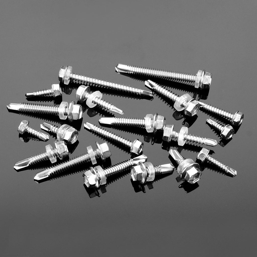 Mywish 100pcs #12×3" Self Drilling Screws for Metal, Self Tapping Screws for Metal 410 Stainless Steel, Hex Washer Head Sheet Metal Tek Screws, High-Strength
