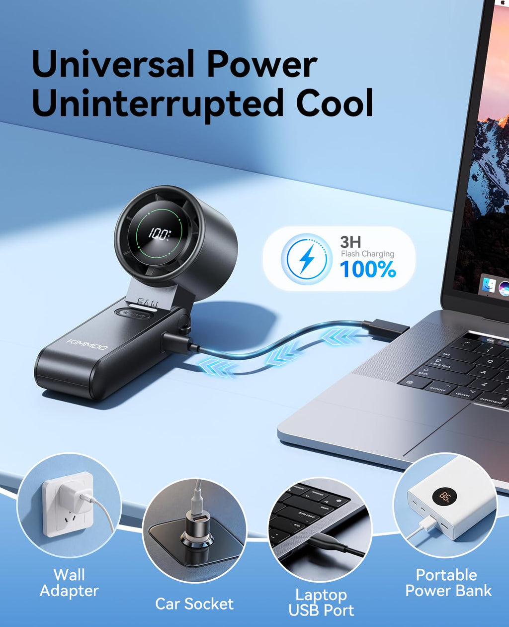 KIMMOO 3-in-1 Portable Handheld Turbo Fan -100 Speeds, Powerful 20000 RPM, 12Hrs Cooling, 120° Rotation, USB Rechargeable Mini Hand Held Personal Fan for Travel Makeup Outdoor Indoor (Black)