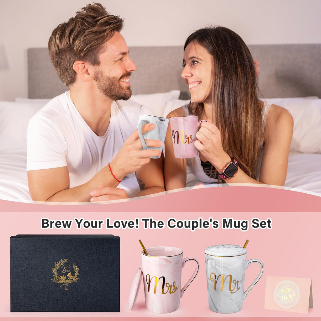 Mr and Mrs Coffee Mug - Wedding Present for Bride and Groom - Bridal Shower Engagement - Married Couples Marble Ceramic Coffee Cups 14oz