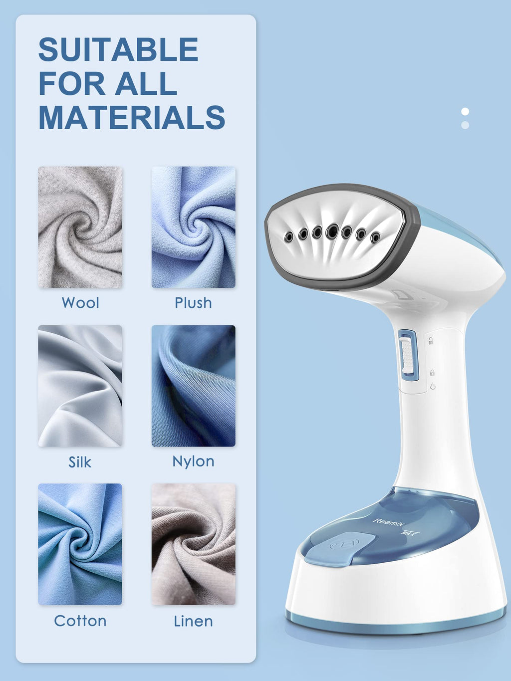 Reemix Steamer for Clothes, 1200W Foldable Clothes Steamer, Handheld Garment Steamer, Fast Heat-up, Auto-Off, Steam Iron for Fabric Wrinkle Remover with Brush (Blue Gray)