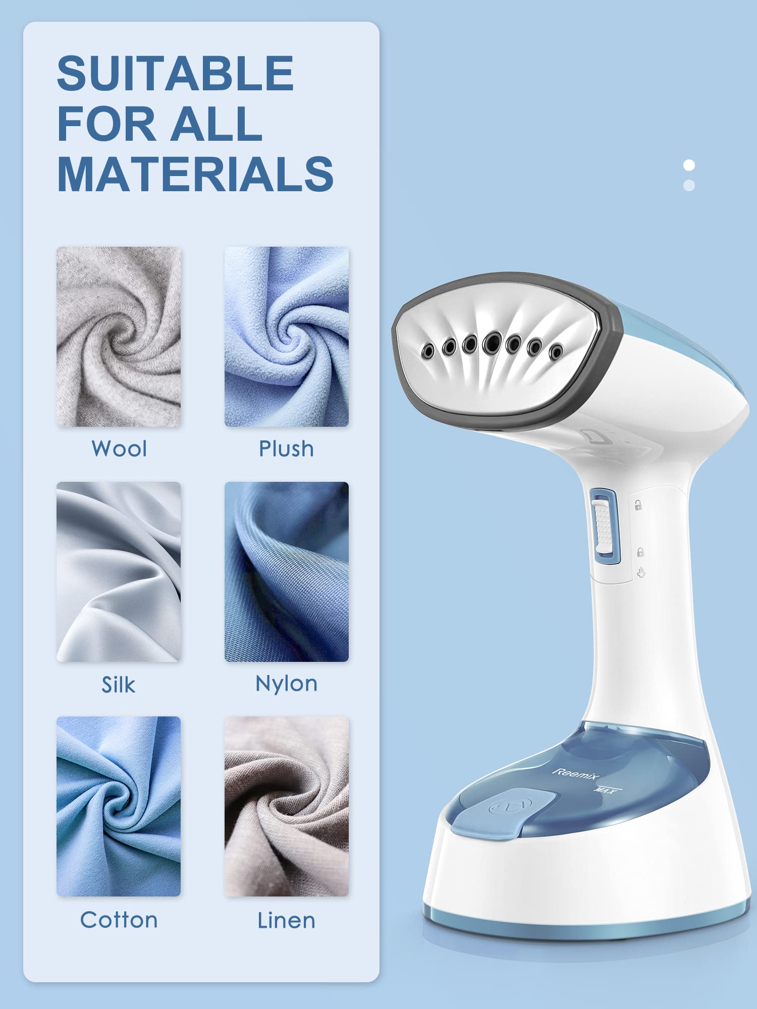 Reemix Steamer for Clothes, 1200W Foldable Clothes Steamer, Handheld Garment Steamer, Fast Heat-up, Auto-Off, Steam Iron for Fabric Wrinkle Remover with Brush (Blue Gray)