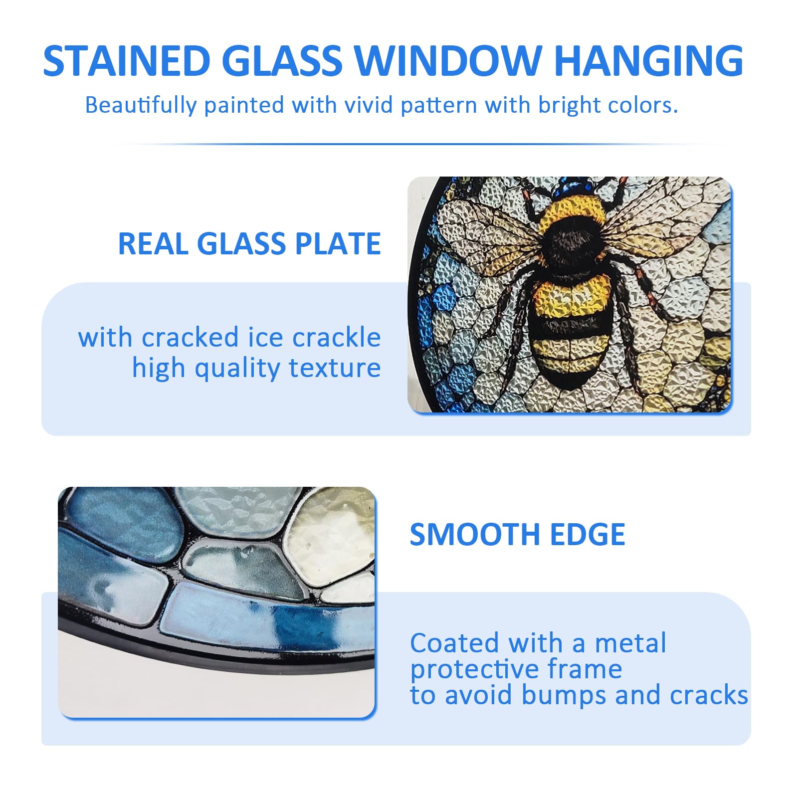 Huyfoig Ice Crack Bee Stained Glass Window Hanging, Bumblebee on Honeycomb Suncatchers for Windows Hanging Ornament for Home, Office Decor Christmas Birthday Gift for Mom Grandma (8""/20cm), HUY216