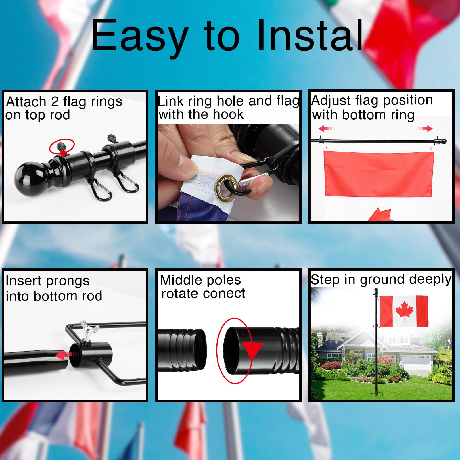 Ground Flag Poles for Outside House inground, 80 inch Black Heavy Duty Flag Pole Kit with 3x5ft Canada Flag, 2 Pronges Base and Tangle Free Flagpole Rings for Outdoor