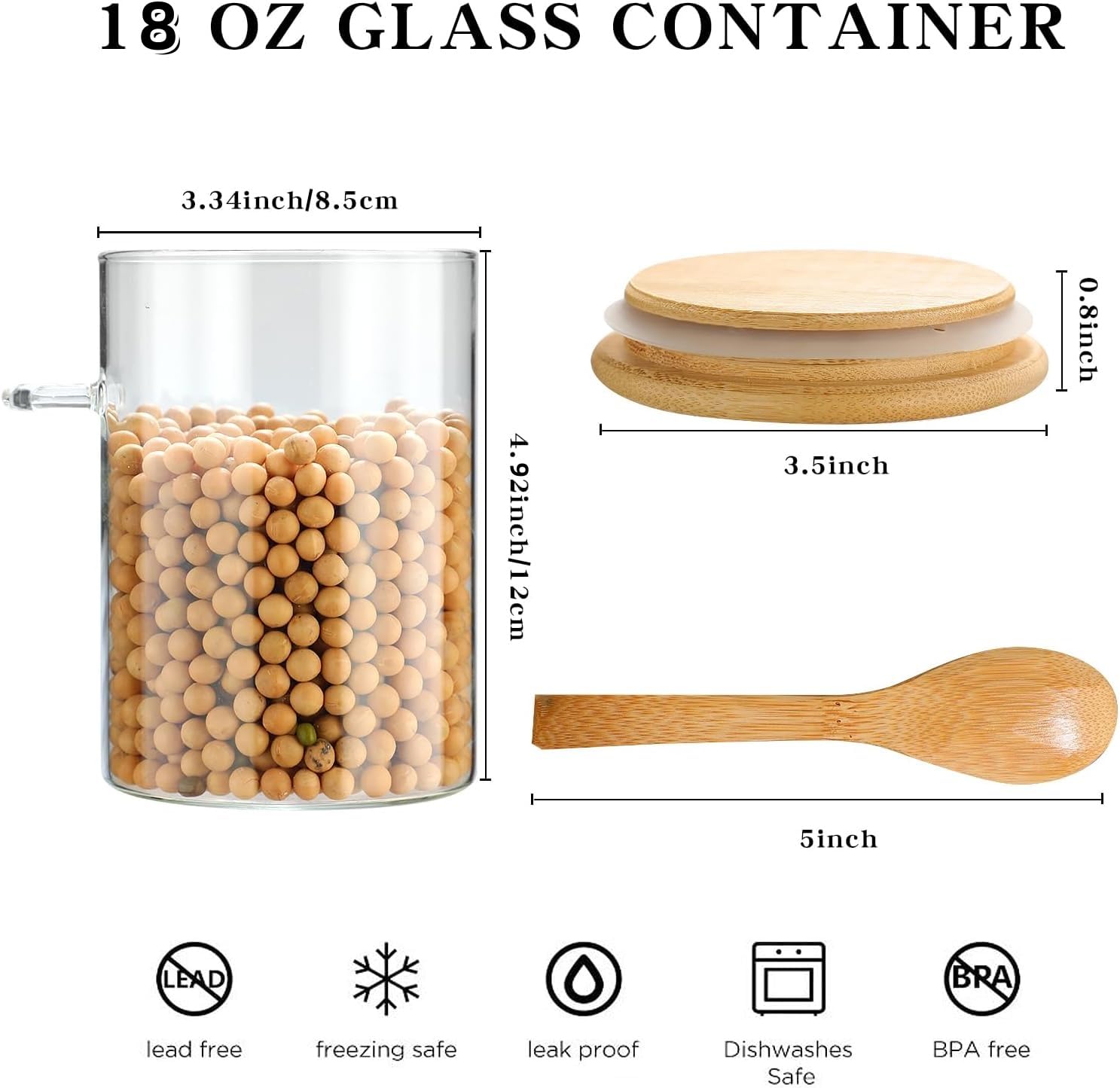 POLCANUR Glass Overnight Oats Jar, 4 Pack Containers with Bamboo Lids and Spoons, 18 OZ Glass with Clear Food Storage Jar for Sugar, Spices,Coffee Bean,Flour,Cookie,Candy,Nuts,Bath Salt Reusable Jars