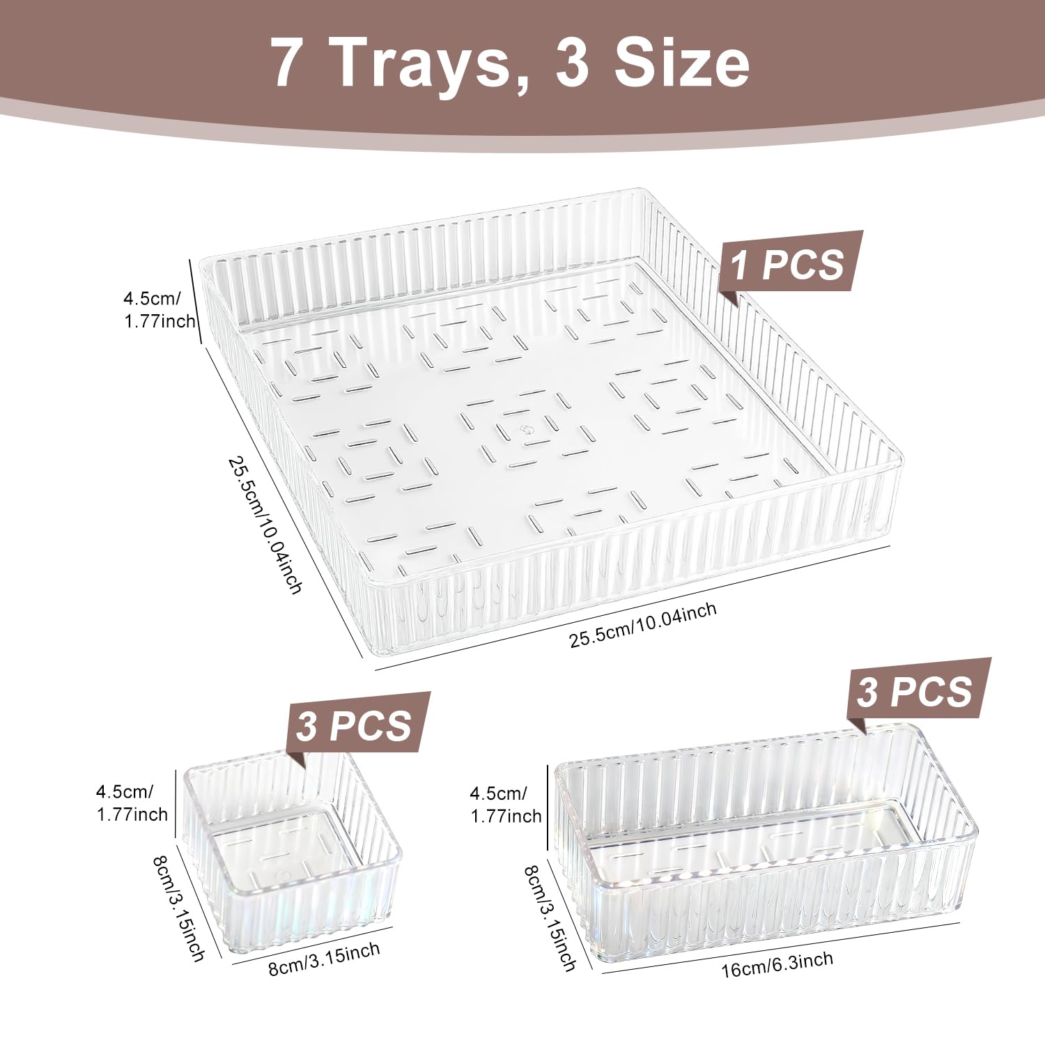 Clear Drawer Organizer Set,7PCS Acrylic Drawer Storage Trays,Stackable makeup divider tray,Plastic Containers,Storage Bins for Makeup,Jewelry, Gadgets,Office,Kitchen, Bedroom,Bathroom