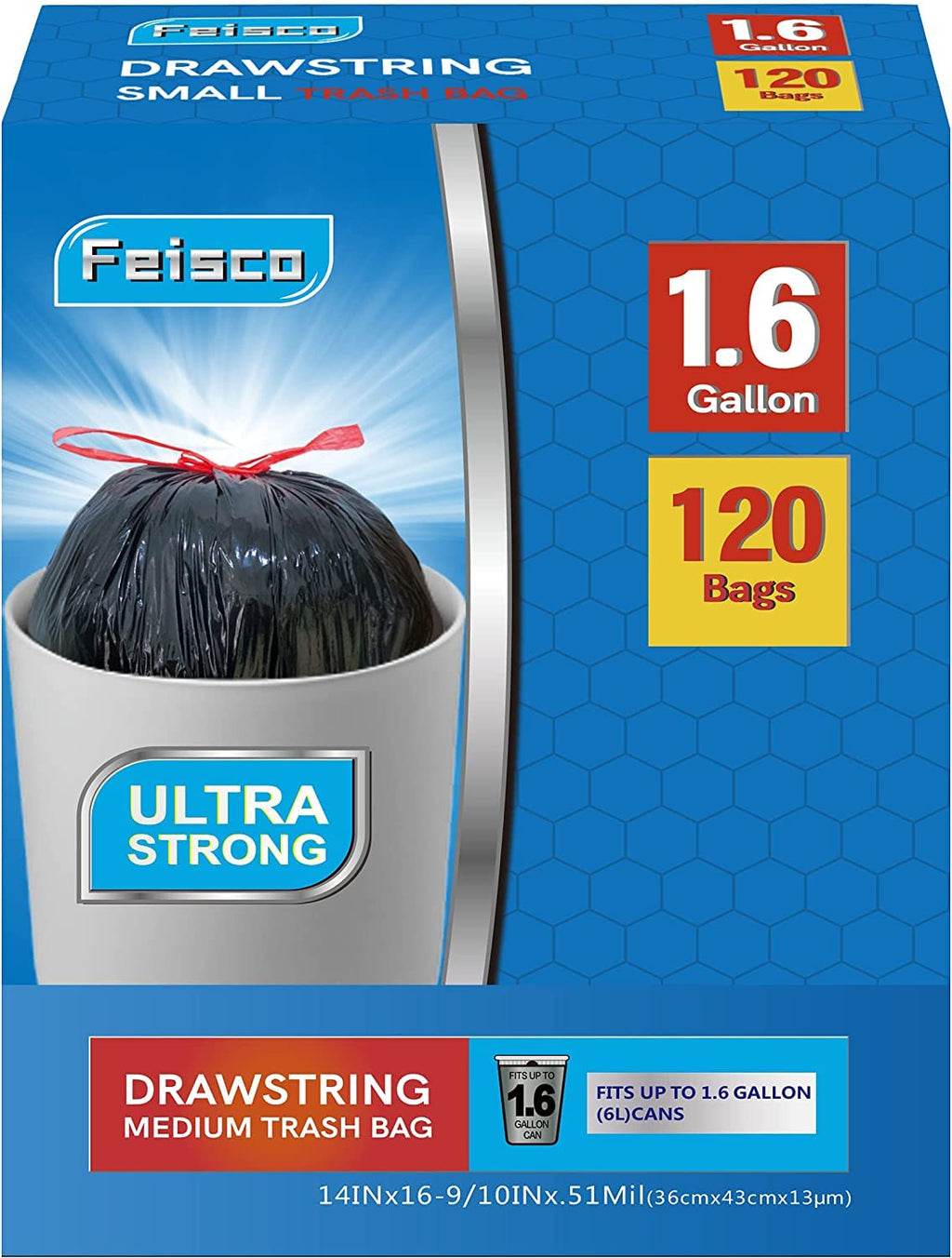 Feisco 1.6 Gallon Small Trash Bag,6L Drawstring Garbage Bag Trash Can Liner,120 Counts,0.51 Mil