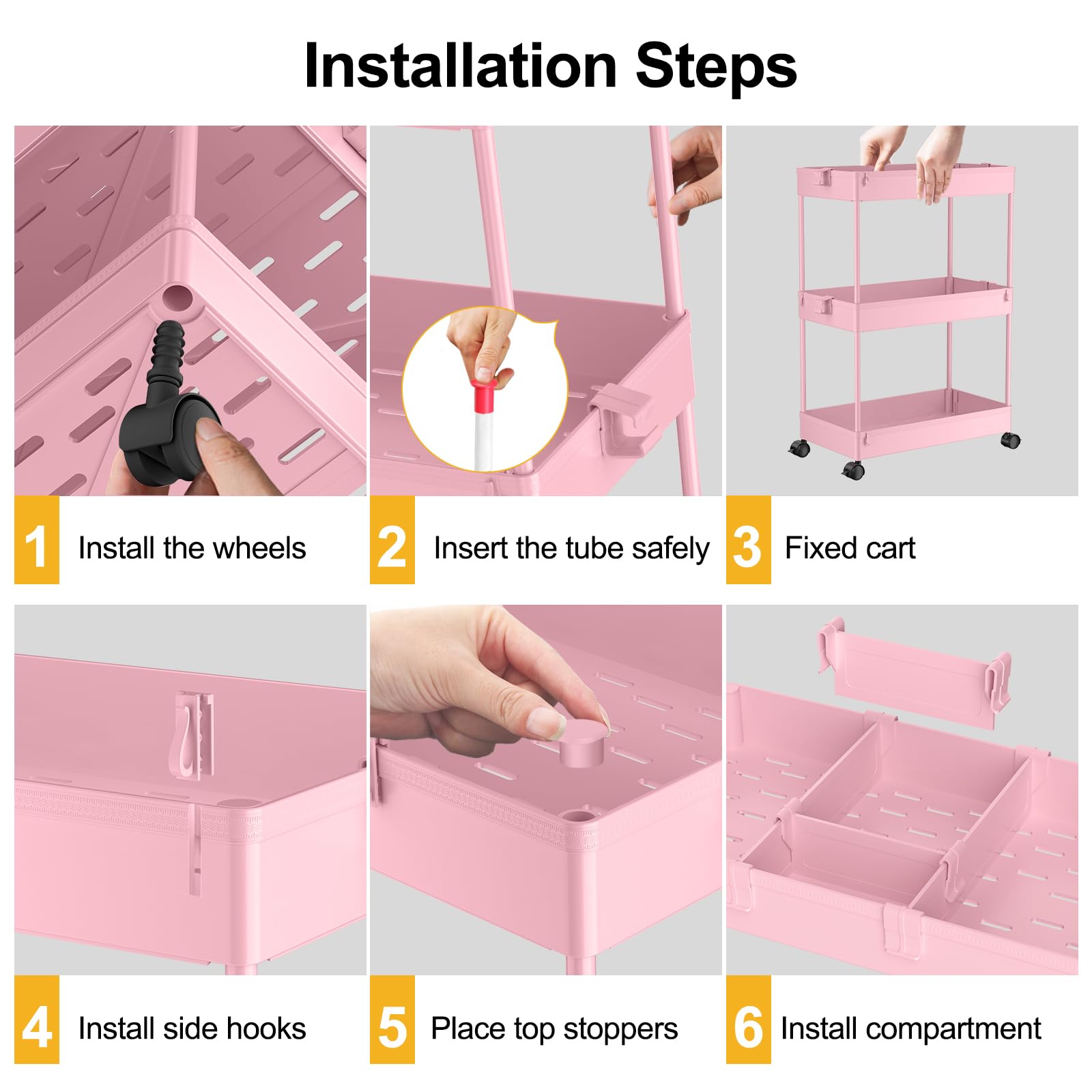 SPACELEAD Slim Storage Cart,3 Tier Bathroom Rolling Organizer Slide Out Mobile Shelving Unit Trolley for Office Kitchen Laundry Room Narrow Places, Pink