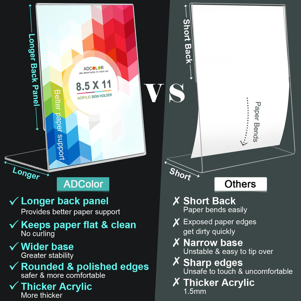 ADColor Acrylic Sign Holder 8.5 x 11 - Vertical Slant Back Clear Display Stand for Table Signs, Menu, Flyer, Brochure & Document - Plastic Frame for Office Desktop, Store, Restaurant, Home, Show Fair, 6 Pack