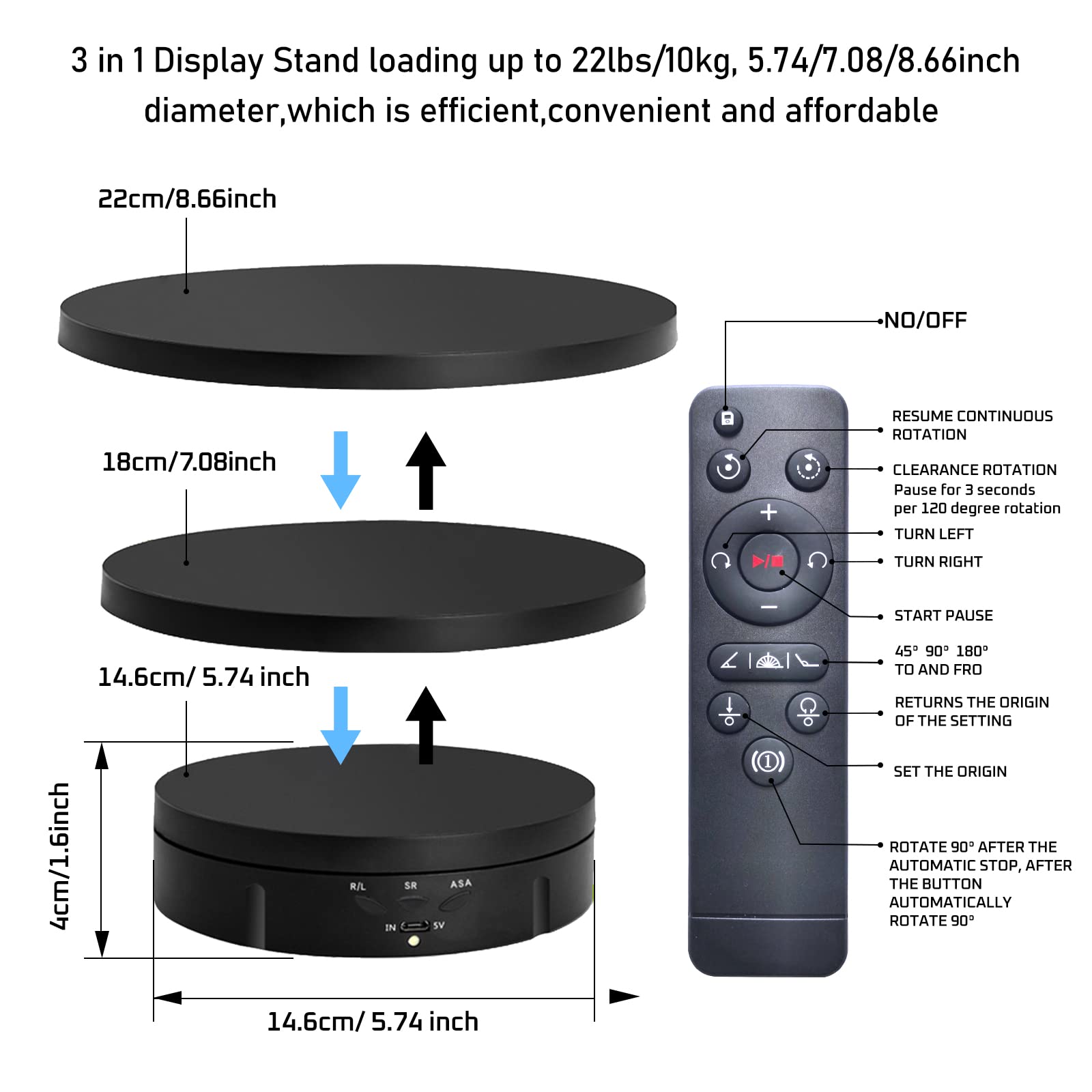 JAYEGT 3 in1 Motorized Rotating Display Stand with 5.74 /7.08/ 8.66 inch Replacement Cover，Max 22lbs Load，360 Electronic Turntable for Photography Products (3 in1 / Black/ With Remote controller)