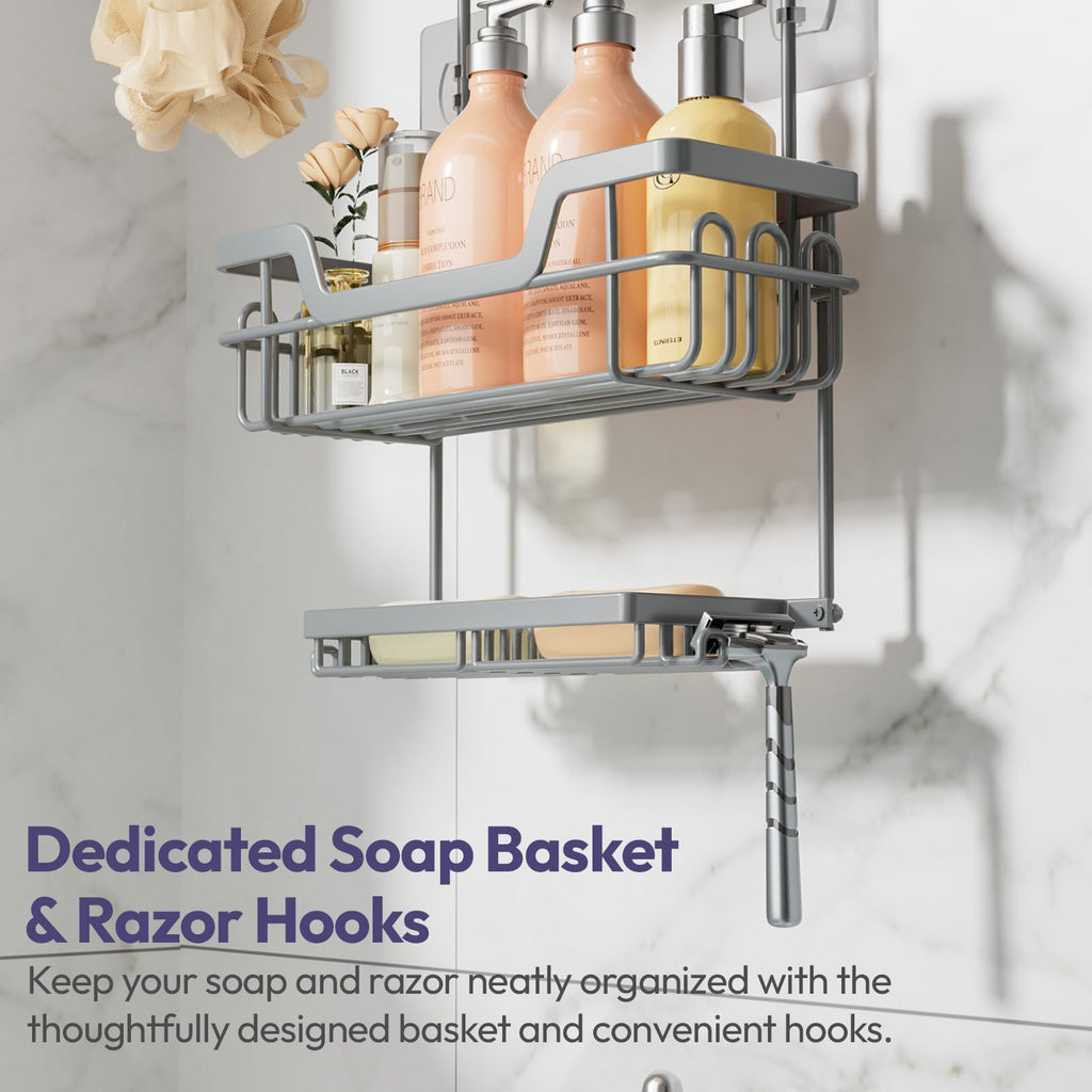 SWTYMIKI Shower Caddy Hanging, Shower Caddy Over Shower Head with 2 Soap Holders & hooks, 3 Tier Antirust & Anti-Swing Bathroom Shelves Organizer No Drilling, Silver