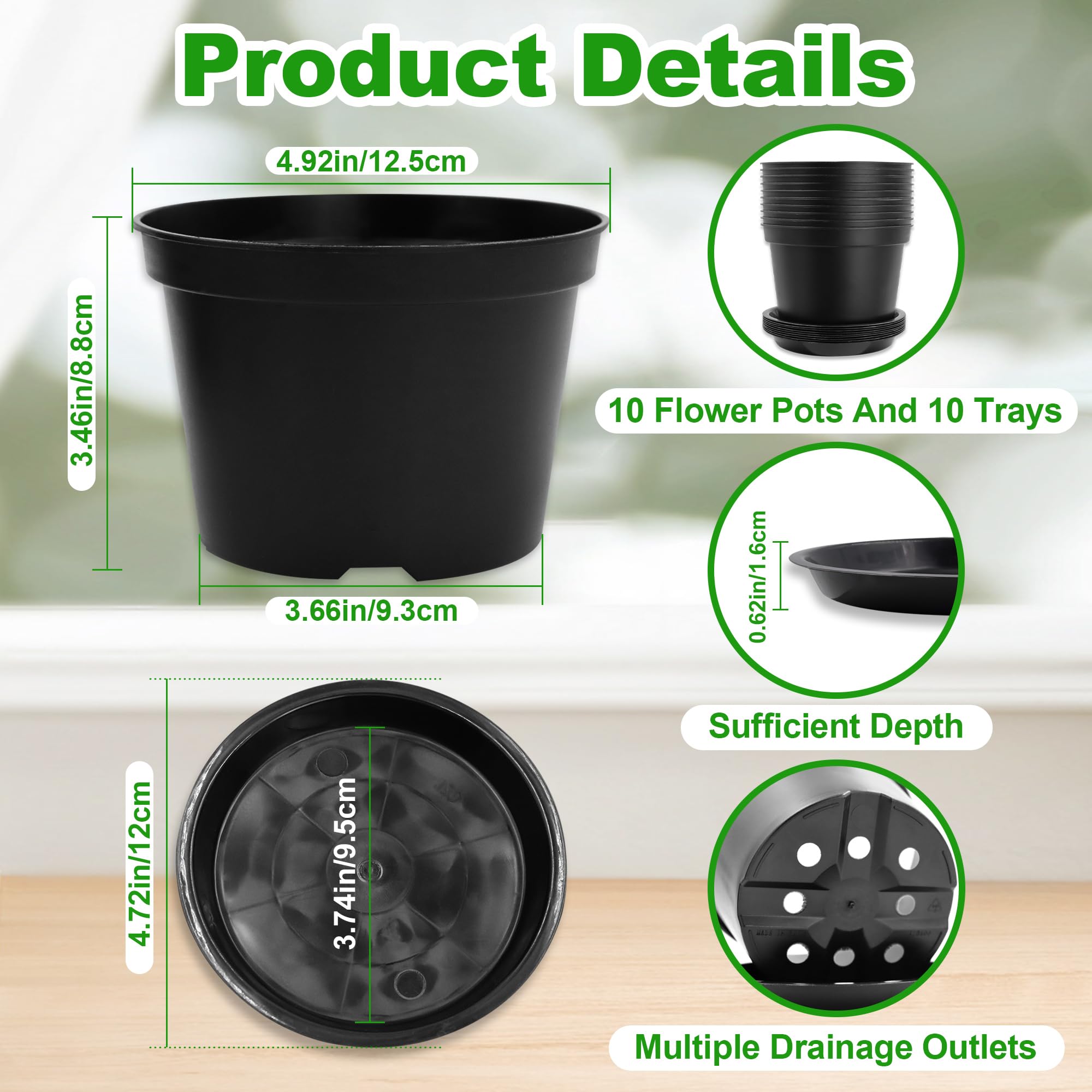 10 Pcs Plastic Pots for Plants, 5 Inch Small Plant Pots Indoor, Decorative Plant Pots with Drainage Holes and Tray, Small Flower Pots for All Home Garden Flowers Succulents