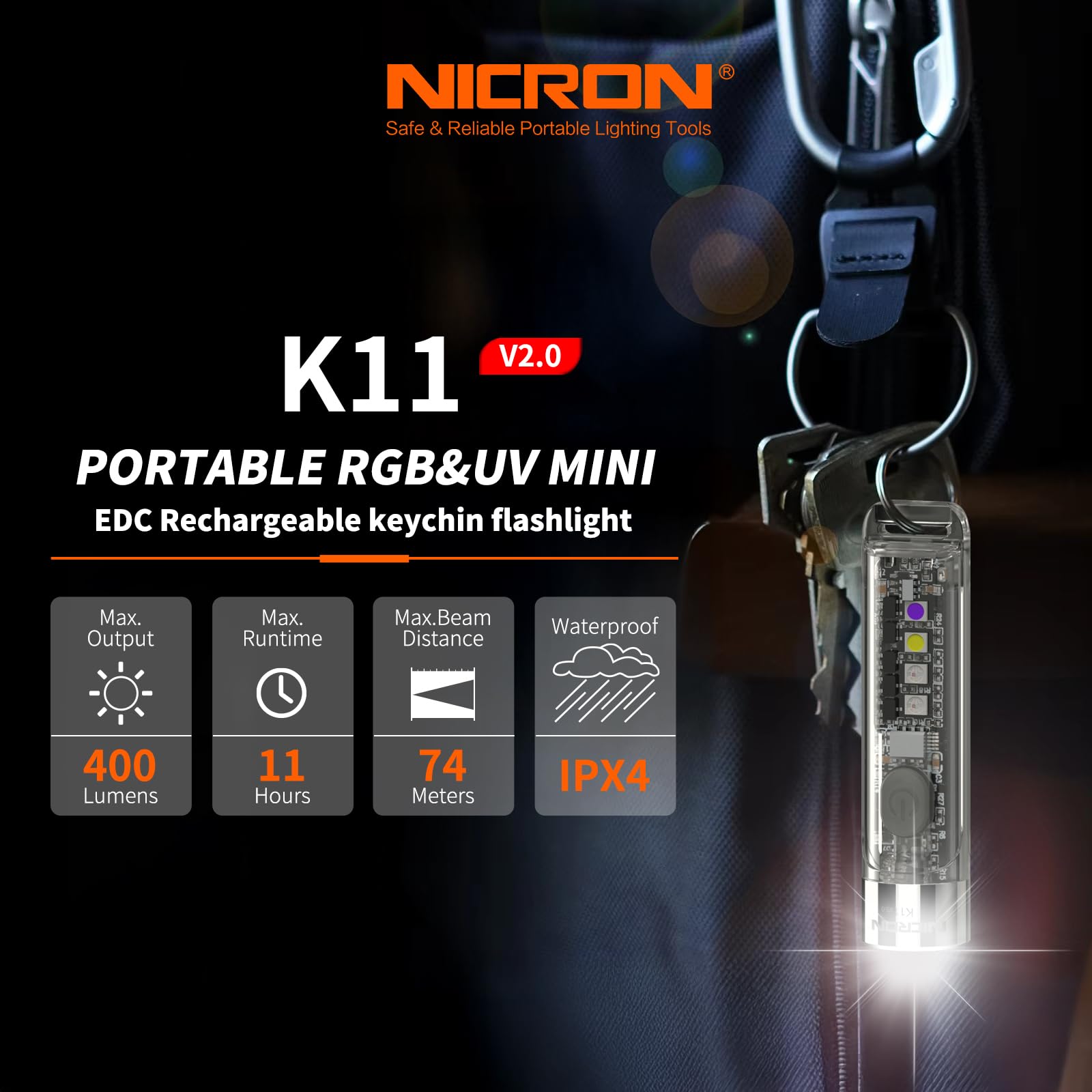 NICRON K11 Rechargeable Keychain Flashlight Lightweight,400 Hight Lumen with Extra 4 Sidelight, IPX4 EDC Mini Flashlight Be Used for Camping Outdoors Emergency Daiy Use