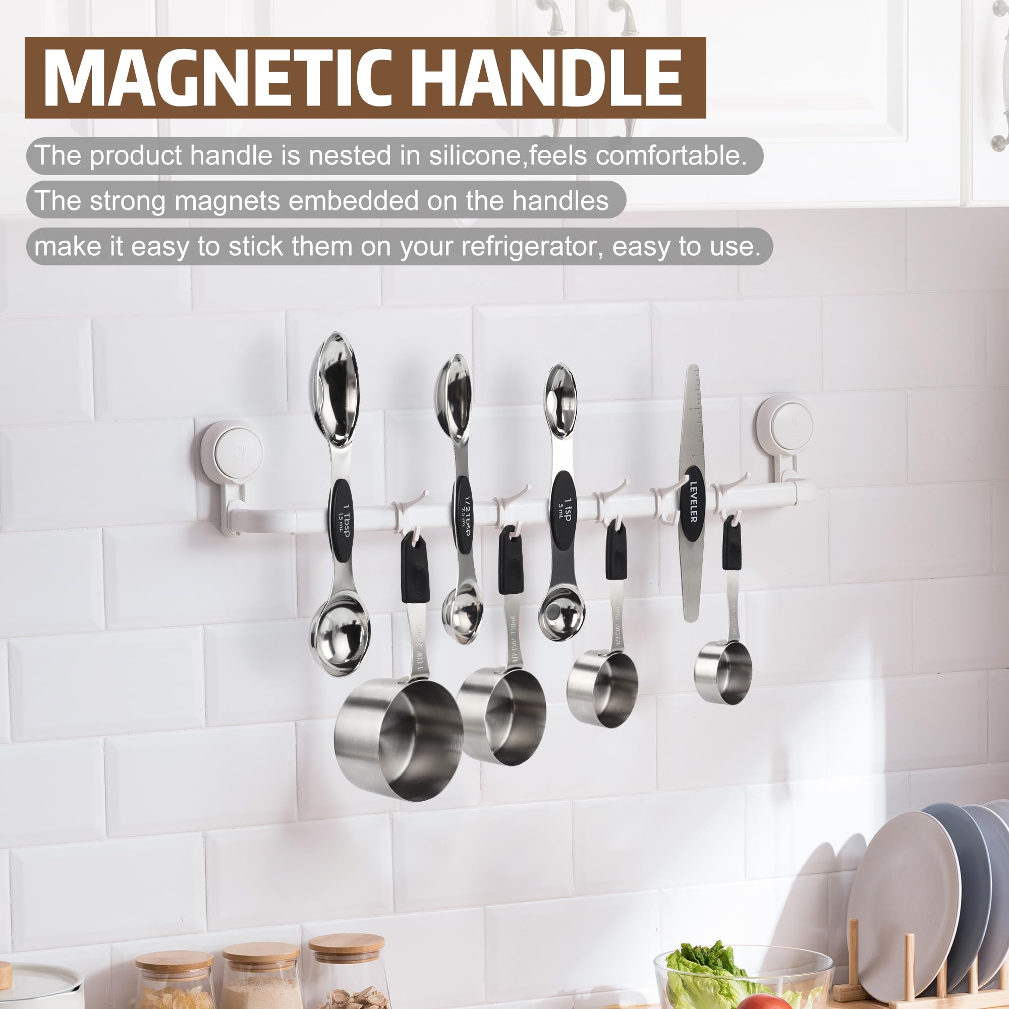 Magnetic Measuring cups and spoons Set, 5 Stainless Steel Magnetic Measuring Cup and 8 Double Sided Measuring Spoons with 1 Leveler，Kitchen Gadgets for Cooking & Baking