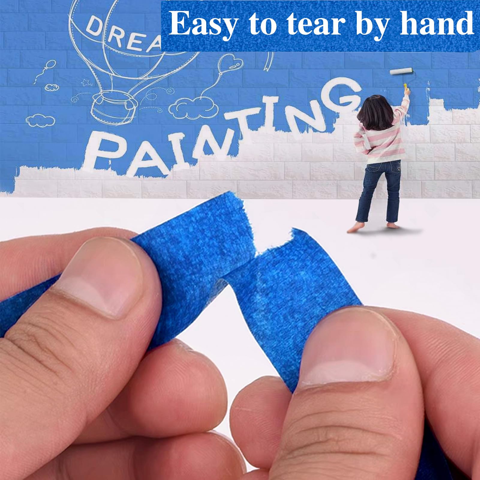 Blue Painters Tape, 6 Packs Painter Tape for General Purpose Use, UV Anti Residue Free, Wall Painting Masking with Sharp Lines for Painting Job, 24mm X 50m X 6 Rolls, 300m in Total.