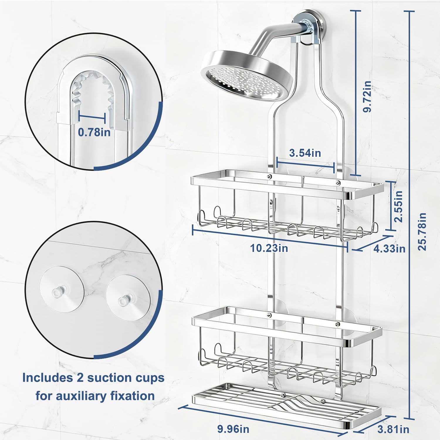 Shower Caddy Hanging, Bathroom Organizers Shelves over Shower Head, Anti-Swing Shower Organizer Shower Shelf, Hanging Shower Caddy with Hooks