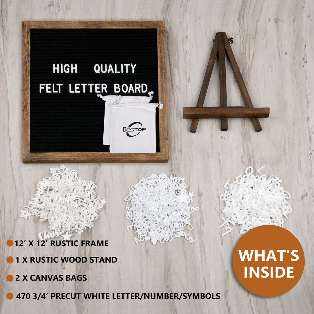 Felt Letter Board with Rustic Frame and Stand 12x12 inch,Changeable Letter and Message Board Include 470 Precut Letters,Number,Symbol,Hook to Hang,2 Canvas Bags