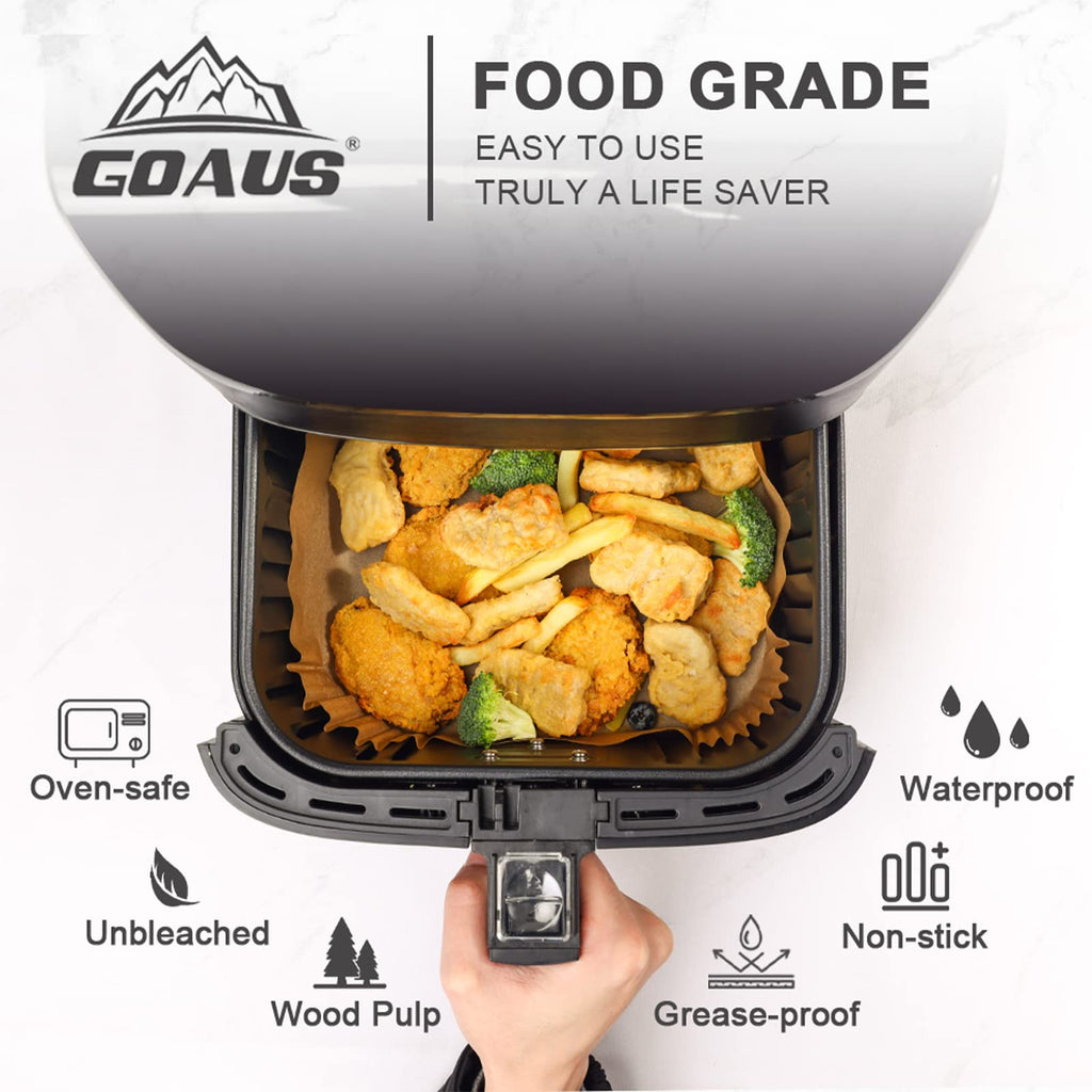 GOAUS Air Fryer Disposable Paper Liner Square Large 150 Pcs for 5 to 8 Qt Basket, 7.9 inch Unbleached Non-stick Oil-proof Parchment Paper