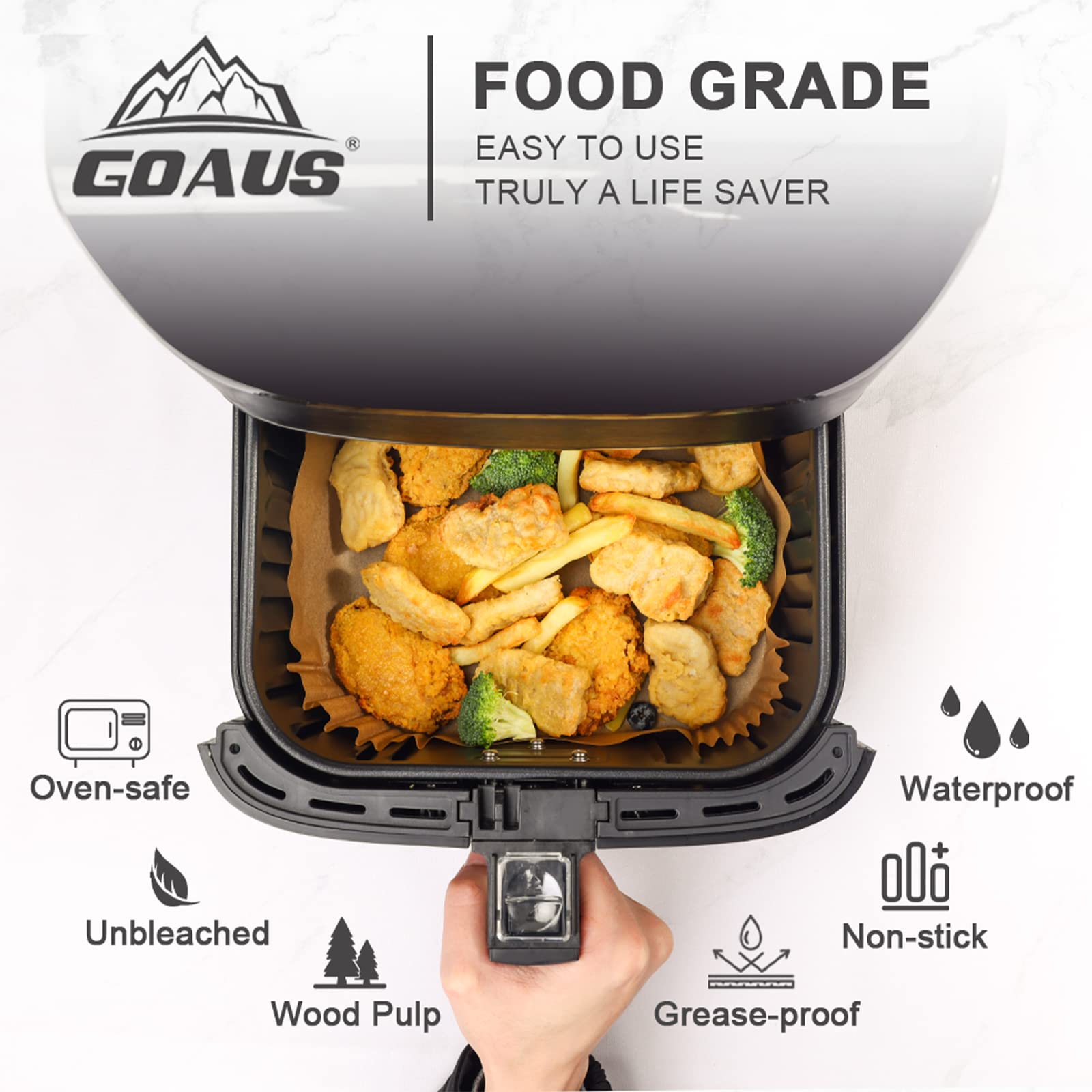 GOAUS Air Fryer Disposable Paper Liner Square Large 150 Pcs for 5 to 8 Qt Basket, 7.9 inch Unbleached Non-stick Oil-proof Parchment Paper