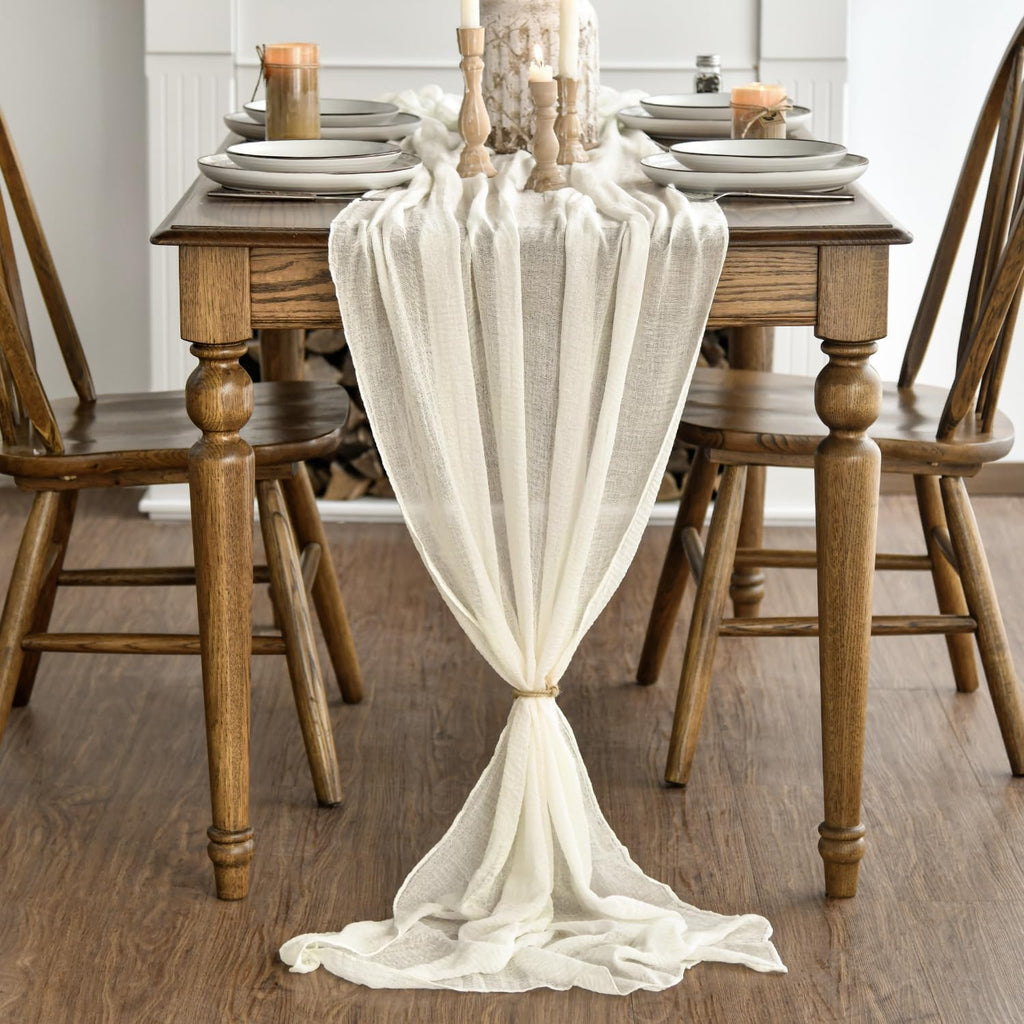 Artoid Mode Boho Beige Gauze 6 Pieces Wedding Table Runner, 300 cm Birthday Fabric Kitchen Dining Holiday Table Decor for Home Party Indoor