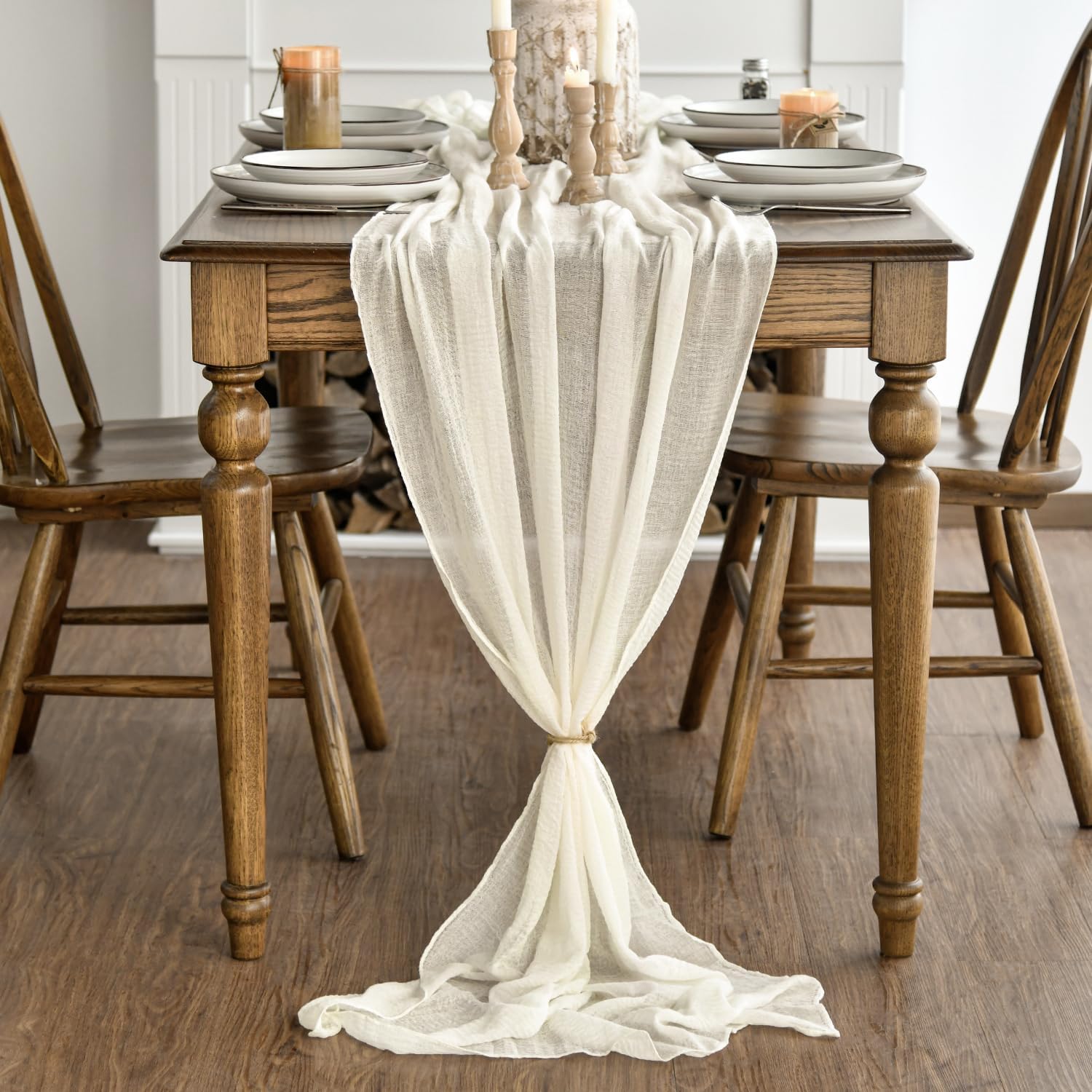 Artoid Mode Boho Beige Gauze 6 Pieces Wedding Table Runner, 300 cm Birthday Fabric Kitchen Dining Holiday Table Decor for Home Party Indoor