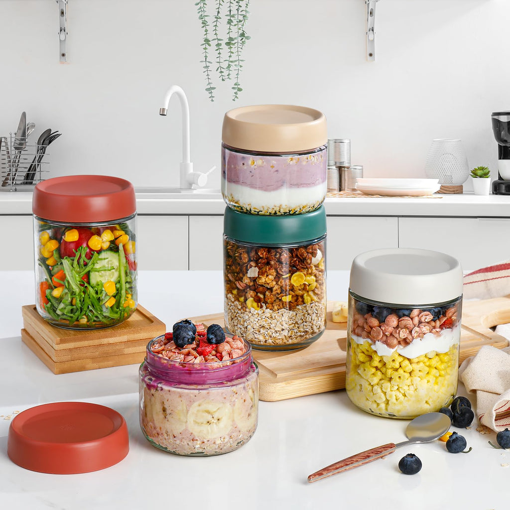 Overnight Oats Jar,Mason Jars,Overnight Oats Containers With Lids,16 OZ - Set Of 4,Chia Pudding Jars With Lids, Oatmeal Container To Go, With Spoon And Marker