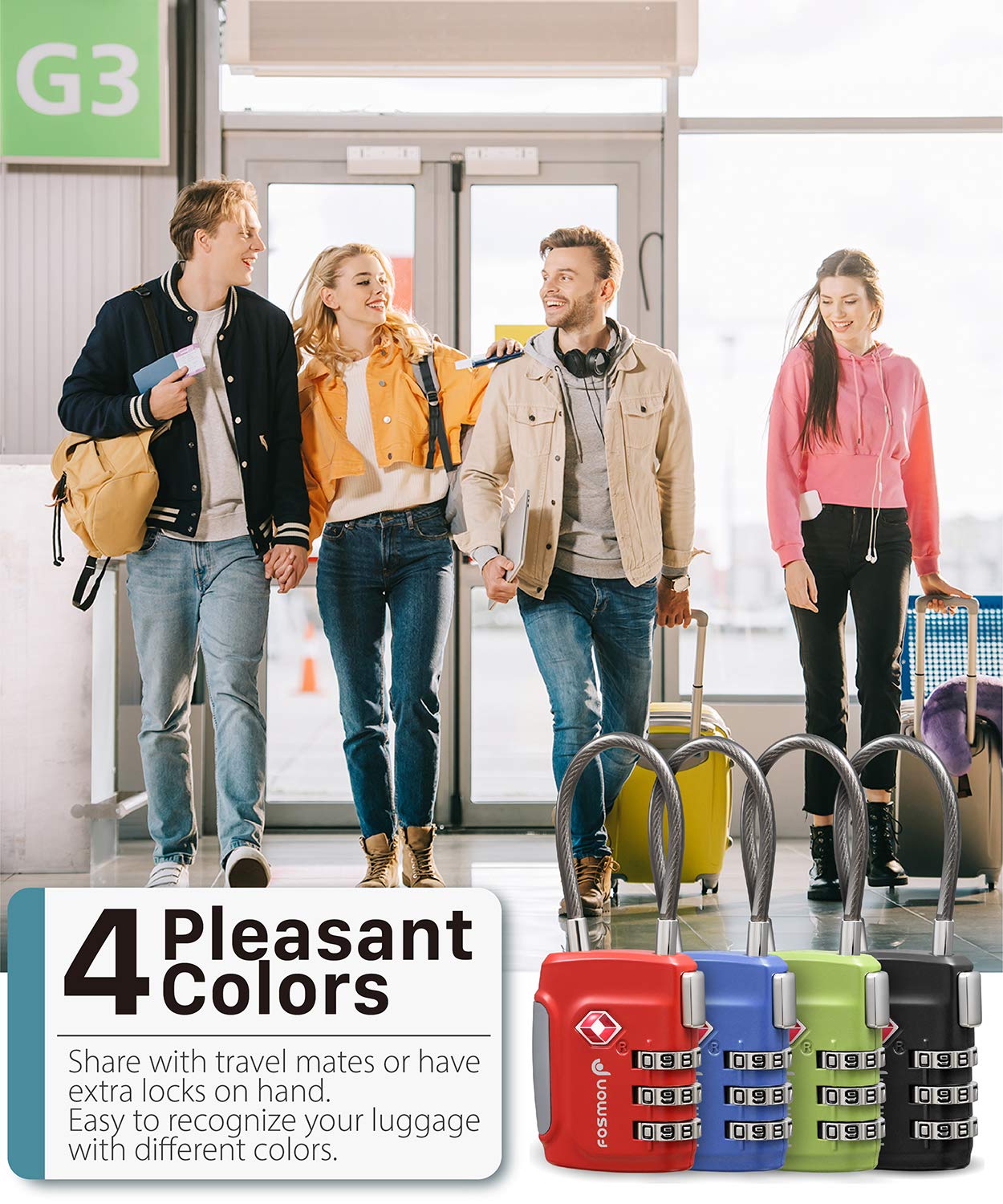 Fosmon TSA Accepted Cable Luggage Locks, 3 Digit Combination with Open Alert Indicator, Alloy Body and Release Button for Travel Bag, Suit Case & Luggage (4 Pack) - Black, Green, Red and Blue