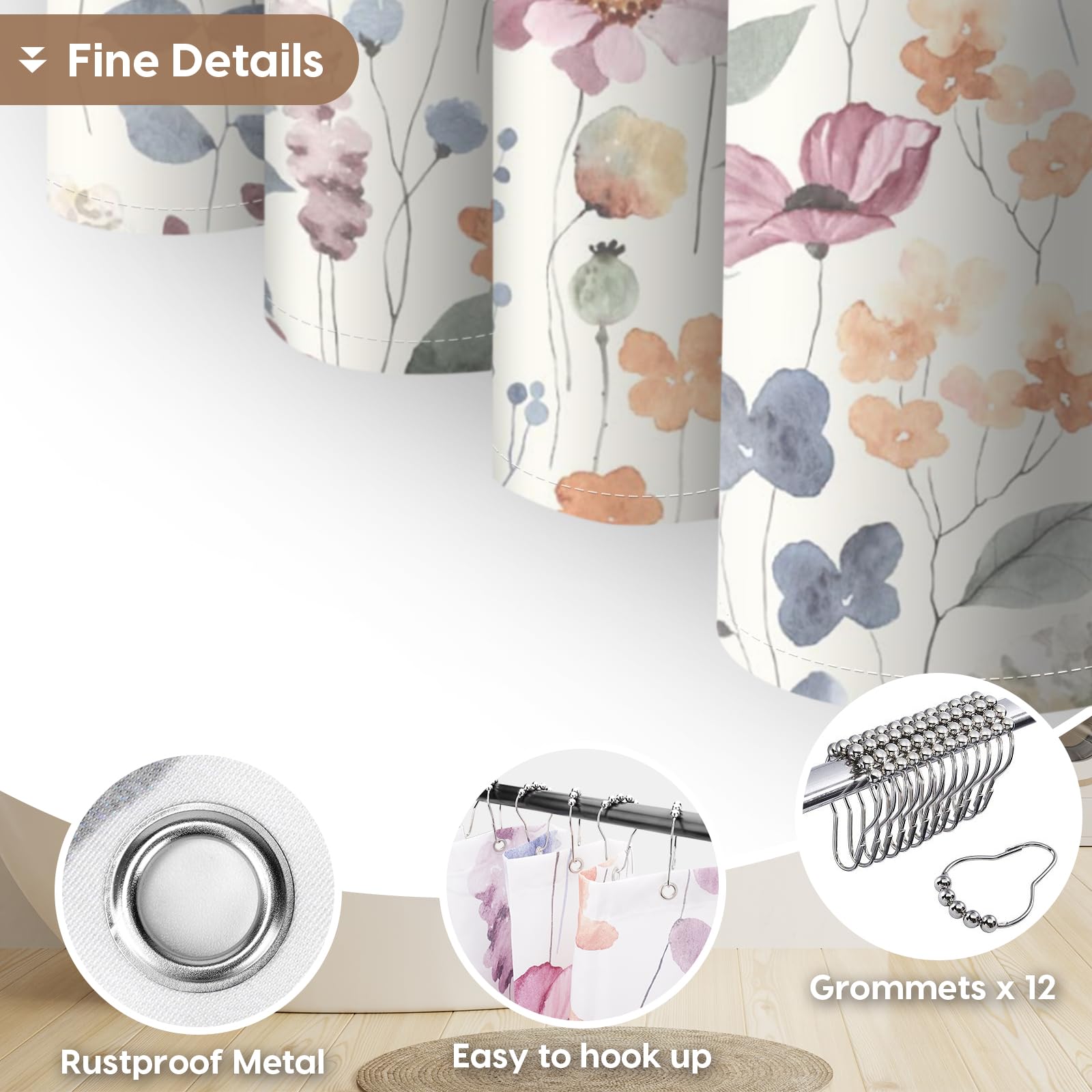Amaredom Ink Floral Shower Curtain, Colorful Flower Shower Curtain for Bathroom, Waterproof Fabric Shower Curtain Set, Bathroom Decoration with 12 Hooks 72x72 Inches